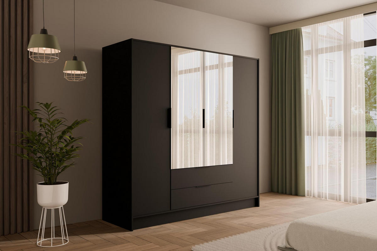 KLEIDERSCHRANK mit Spiegel und Flügeltüren KOLIN 200x200cm Schwarz - Schwarz, Holzwerkstoff (200/200/51cm) - ALTDECOR