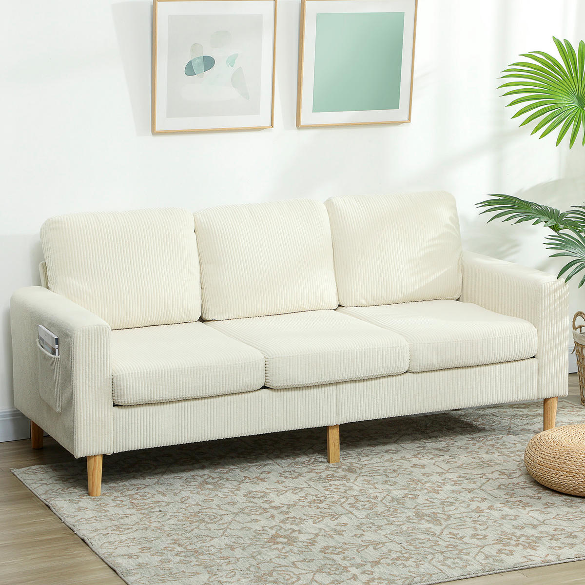 SOFA, 3-Sitzer, Cord, Federkernkissen, gepolstert, beige, 192x80x84,5cm - Multicolor, Holzwerkstoff (192/84.5/80cm) - FORIOUS
