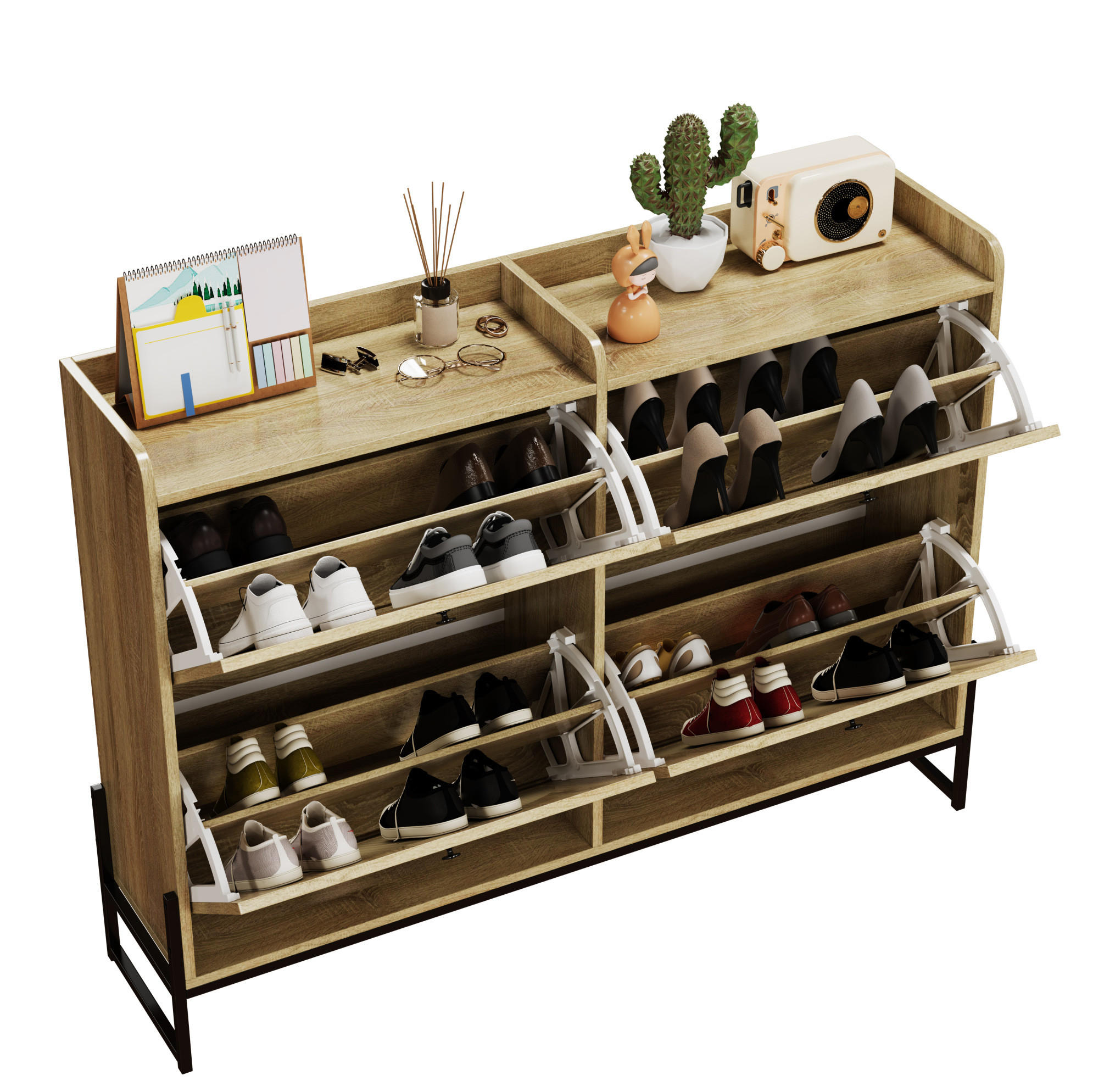 SCHUHSCHRANK mit 4 Klappen 118/25/91,5 cm in Naturfarbe, schmal und platzsparend - Naturfarben, Holzwerkstoff (118/91.5/25cm) - BEAOK