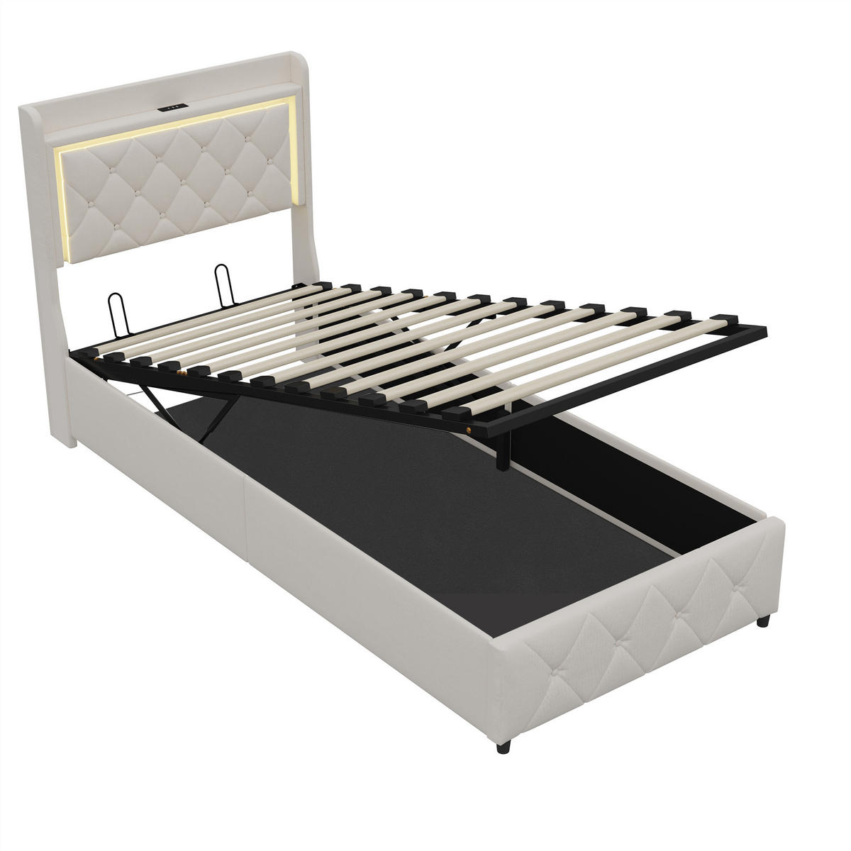 POLSTERBETT 90x200 cm Beige mit LED, Stauraumkopfteil & USB-C - Beige, Holz (90/200cm)
