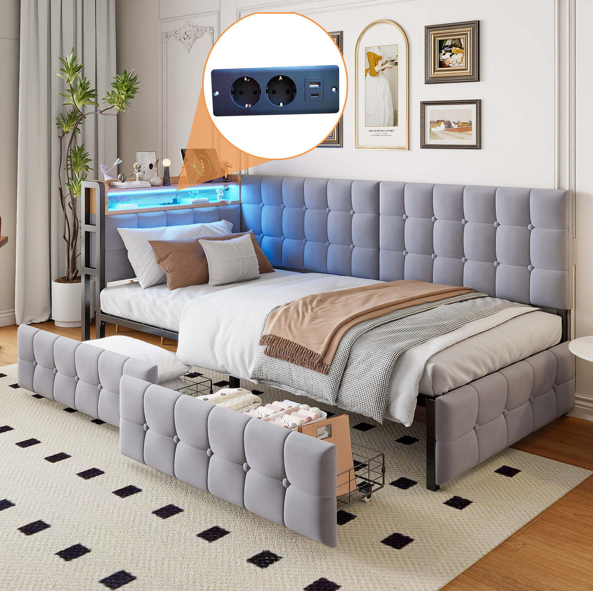SCHLAFSOFA 90/200 cm gepolstert mit 2 Schubladen, LED-Beleuchtung, USB- und Typ-C-Anschluss, Grau - Grau, Textil (99/83.5/208.5cm) - Redom