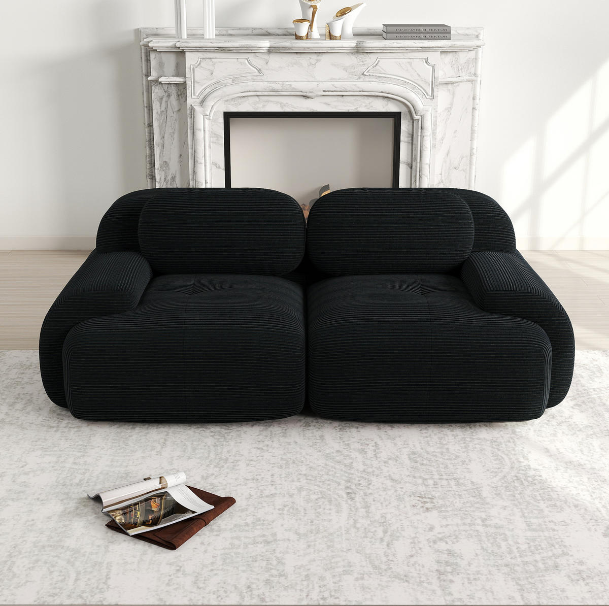 MODULARES Ecksofa rahmenlos mit geschwungenen Armlehnen und rutschfester Unterseite, Schwarz - Schwarz, Textil (208/103cm) - Redom