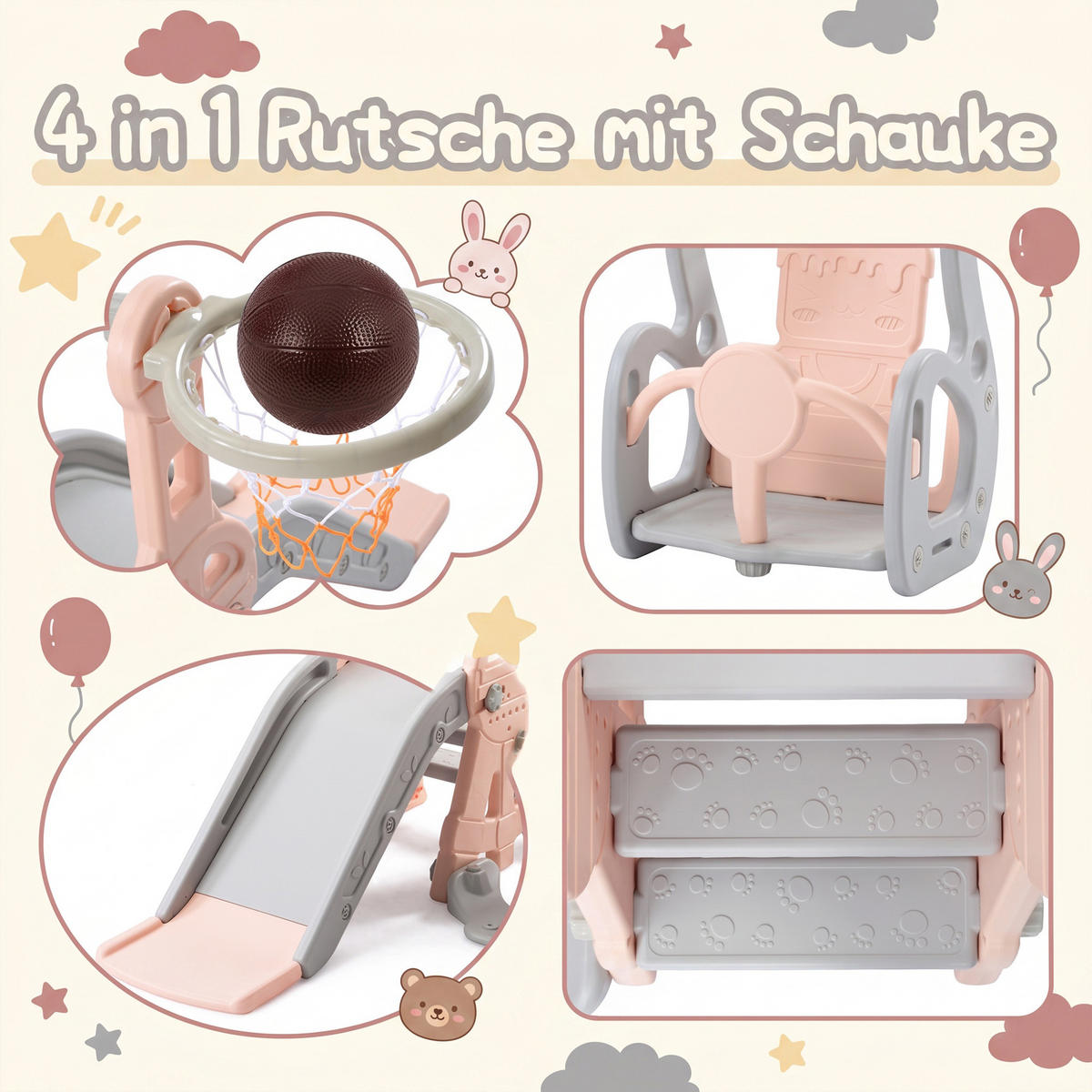 KINDERRUTSCHE 4 in 1 Indoor und Outdoor Babyrutsche mit Basketballkorb, Rosa - Rosa, Kunststoff (118/102/140cm) - GENKI LIVING