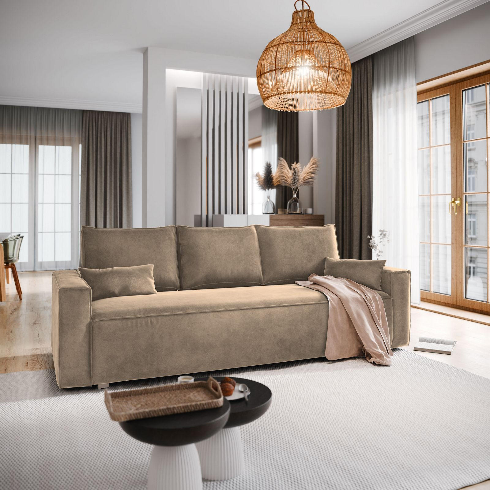 BETTSOFA ALATRI Beige Velours-Stoff mit Schlaffunktion - Beige, Textil (230/85/87cm) - MASSENO