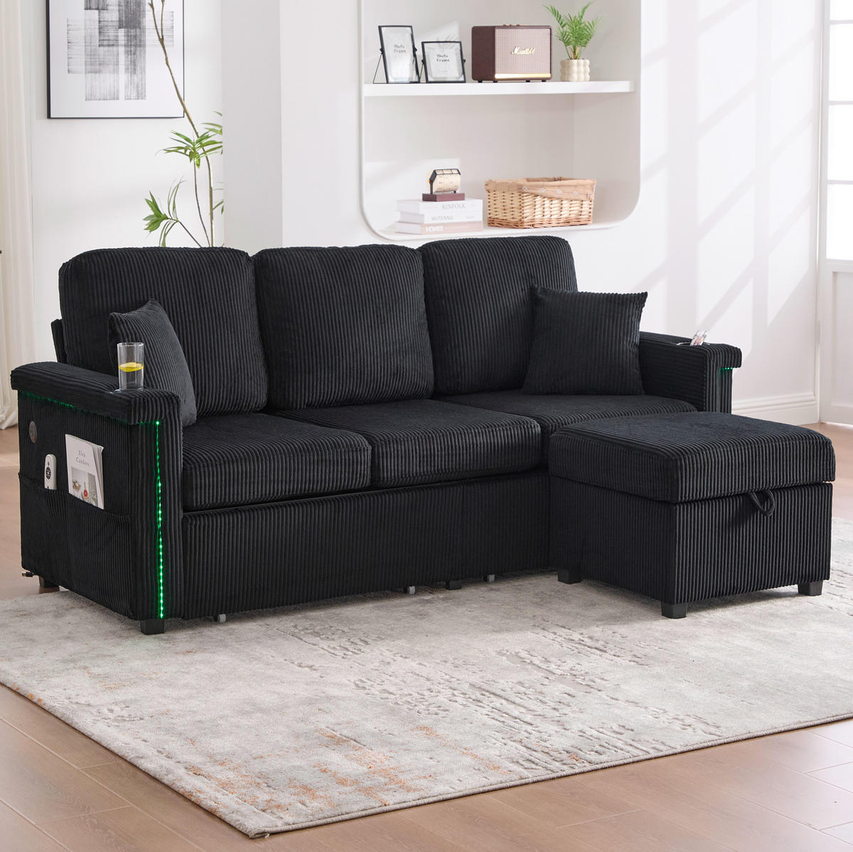 SOFA mit LED und USB/Type-C ca. 194 x 73 x 81 cm Corduroy Schwarz - Schwarz, Kunststoff (194/81/73cm) - Meubliv