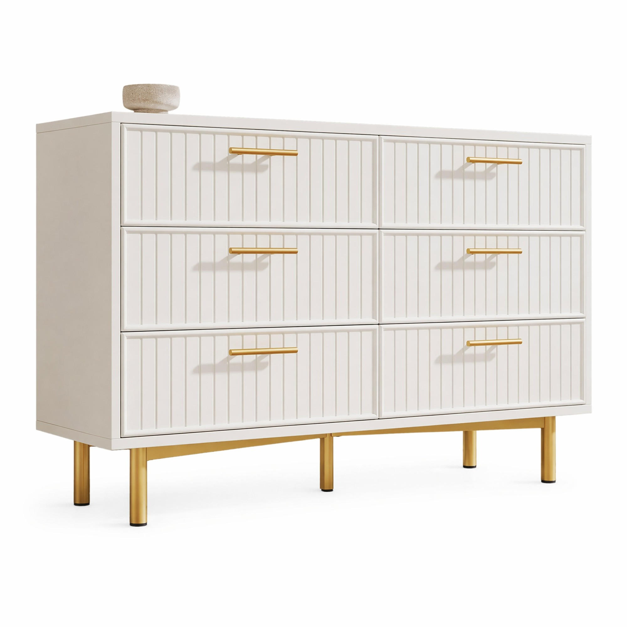 KOMMODE in Weiß Sideboard mit 6 Schubladen für Wohnzimmer und Schlafzimmer, B120/T40/H75 cm - Goldfarben/Weiß, Holzwerkstoff/Metall (120/75/40cm) - STILVORA