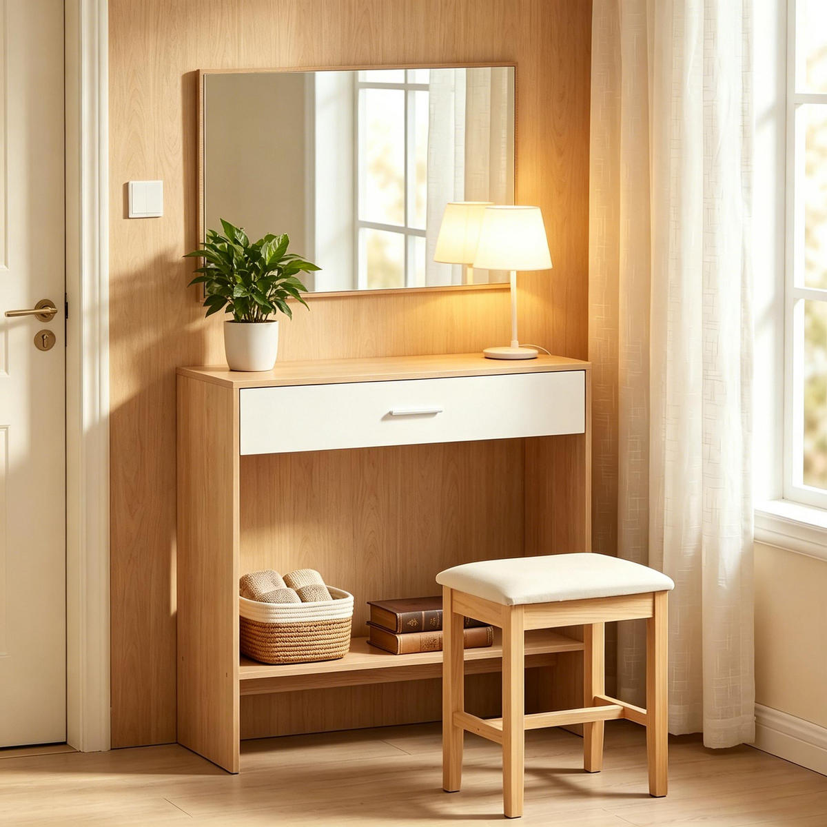 KONSOLENTISCH-SET DE-37254 mit Schublade, Regal und Spiegel Eiche/Weiß - Naturfarben, Holzwerkstoff (91.5/27.9/85cm) - ComfortXL