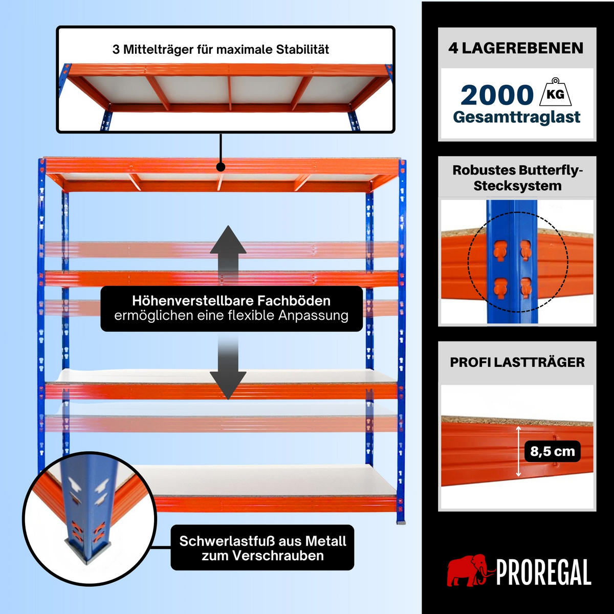 SCHWERLASTREGAL Rhino 200x200x60 cm 4 Melamin-Ebenen 16mm Fachlast 500 kg Blau/Orange - Blau/Orange, Metall (200/200/60cm) - PROREGAL