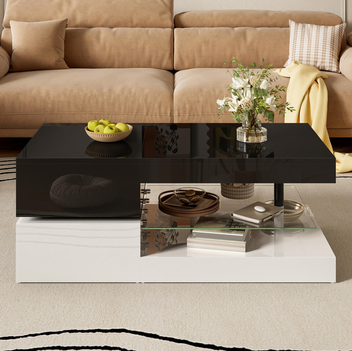 COUCHTISCH 90/45/35,5 cm mit LED-Beleuchtung, APP- & Bluetooth-Steuerung, Glasablage und Hochglanzoberfläche, Schwarz/Weiß - Schwarz, Holzwerkstoff (90/45/35.5cm) - Redom