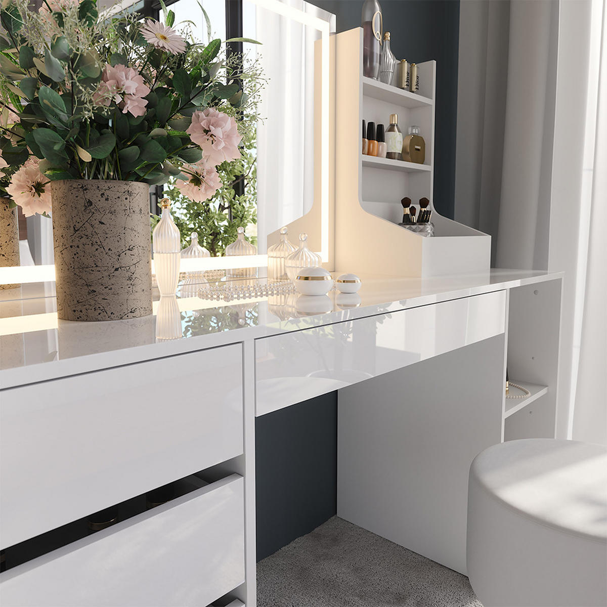 SCHMINKTISCH Sherry Weiß/Weiß Hochglanz 158.2 cm 4 Teile - Weiß Hochglanz, Holzwerkstoff (158.2/76/50.1cm) - Vicco