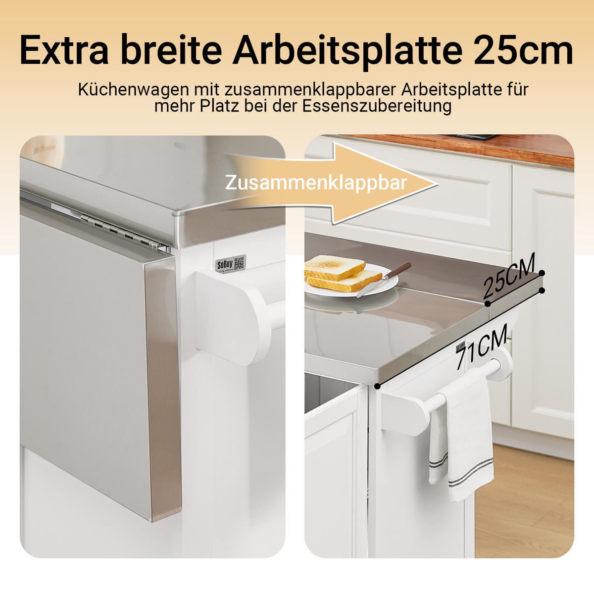KÜCHENINSEL mit Rollen Weiß - Weiß, Holzwerkstoff/Metall (130/91/71cm) - SoBuy