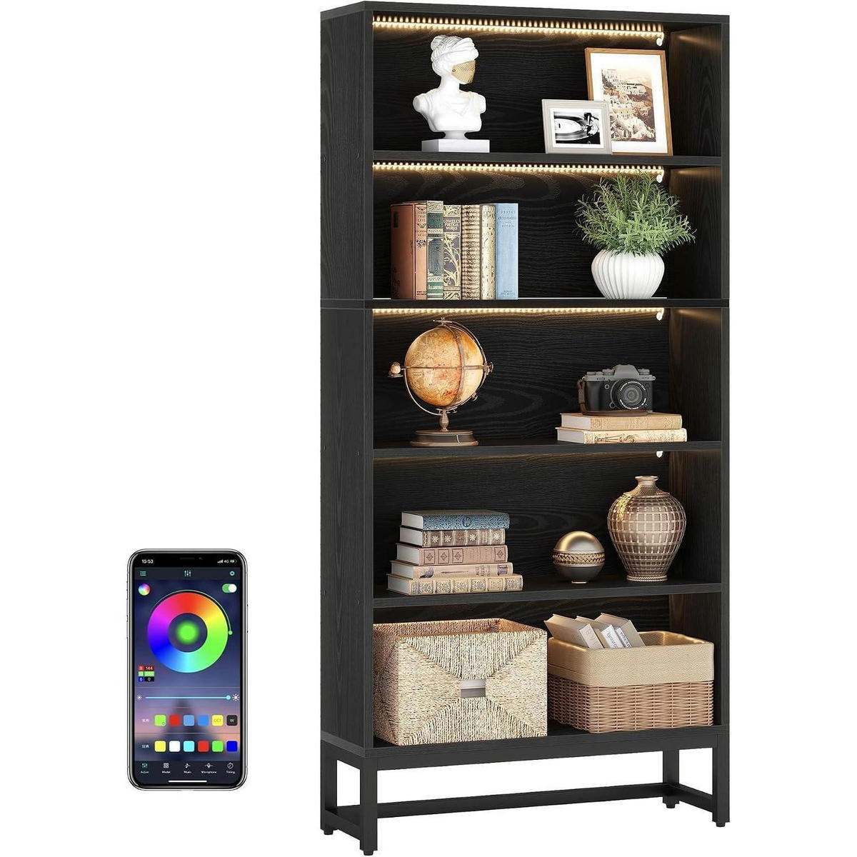 BÜCHERREGAL mit LED-Beleuchtung 180 cm Schwarz - Schwarz, Holzwerkstoff (30/180/80cm)