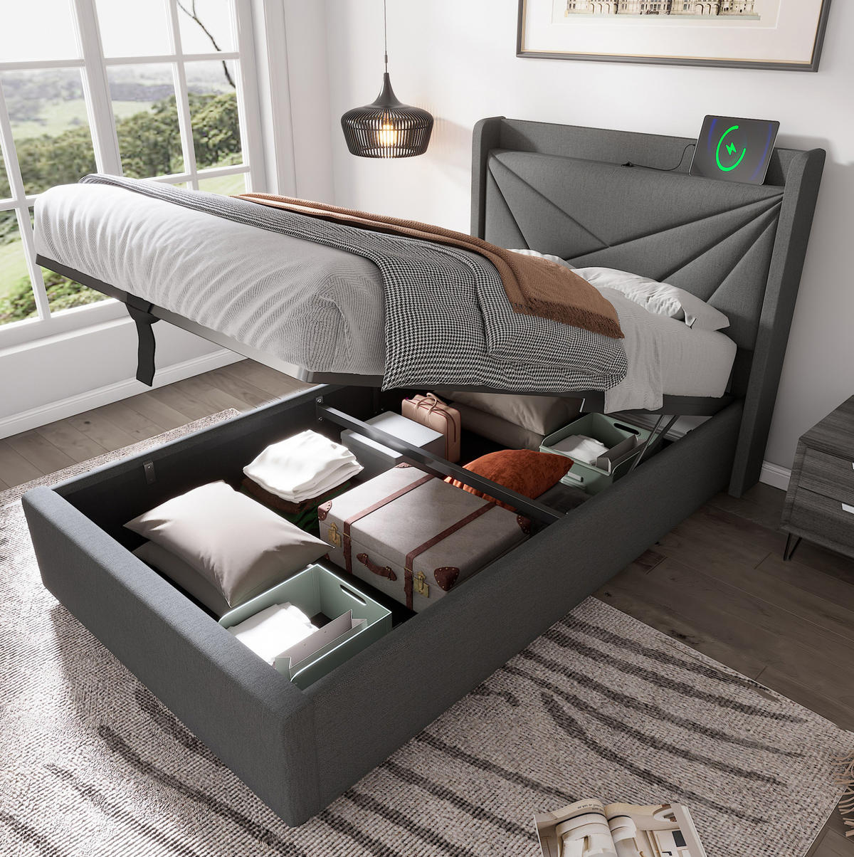 POLSTERBETT 90/200 cm Grau aus Baumwolle und Leinen mit Bettkasten und USB-Typ-C - Grau, Textil (90/200cm) - OKMYHOME