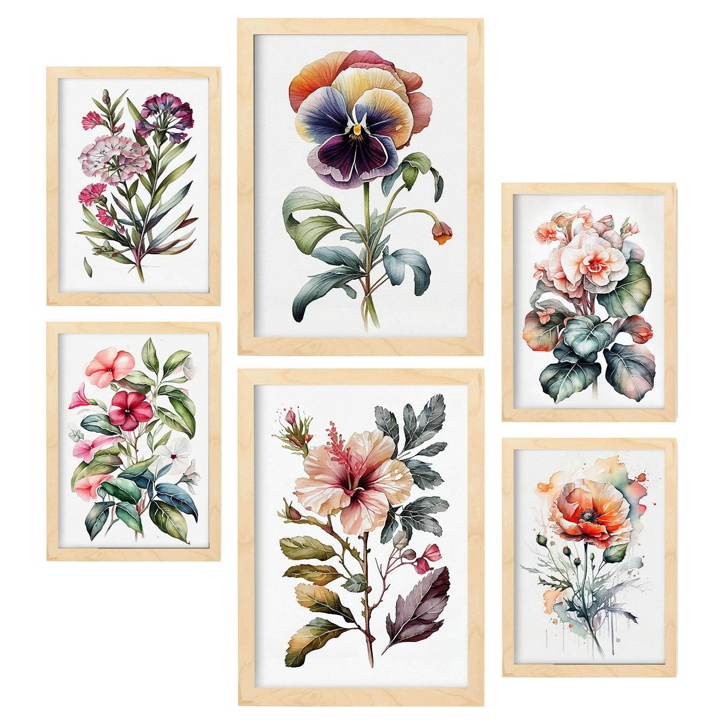 POSTER Set Mit 6 Dunkle Blumen Vollfarbige Natur Und Botanikdrucke Mit Blumenmotiven Auf Reinweißen Hintergründen A3 & A4 Rahmen Aus Hellem Holz - Beige, Papier (29/3cm) - Nacnic