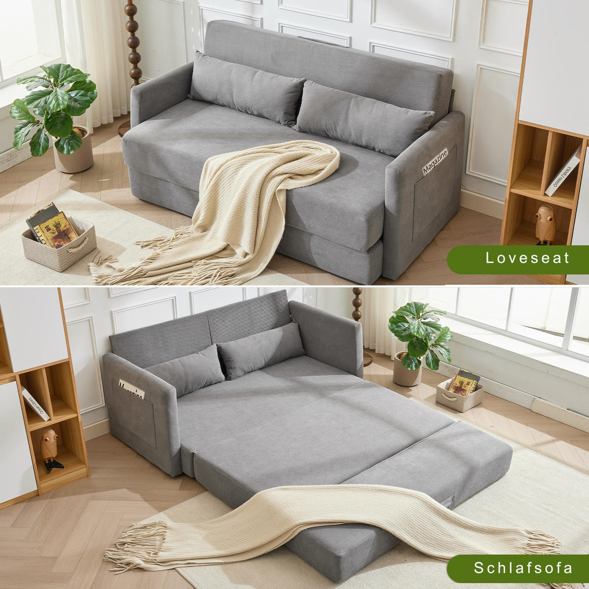 2-SITZER SOFABETT Cord Grau mit Kissen und Magazintaschen - Grau, Holzwerkstoff/Textil (165/67/212cm) - WISHDOR