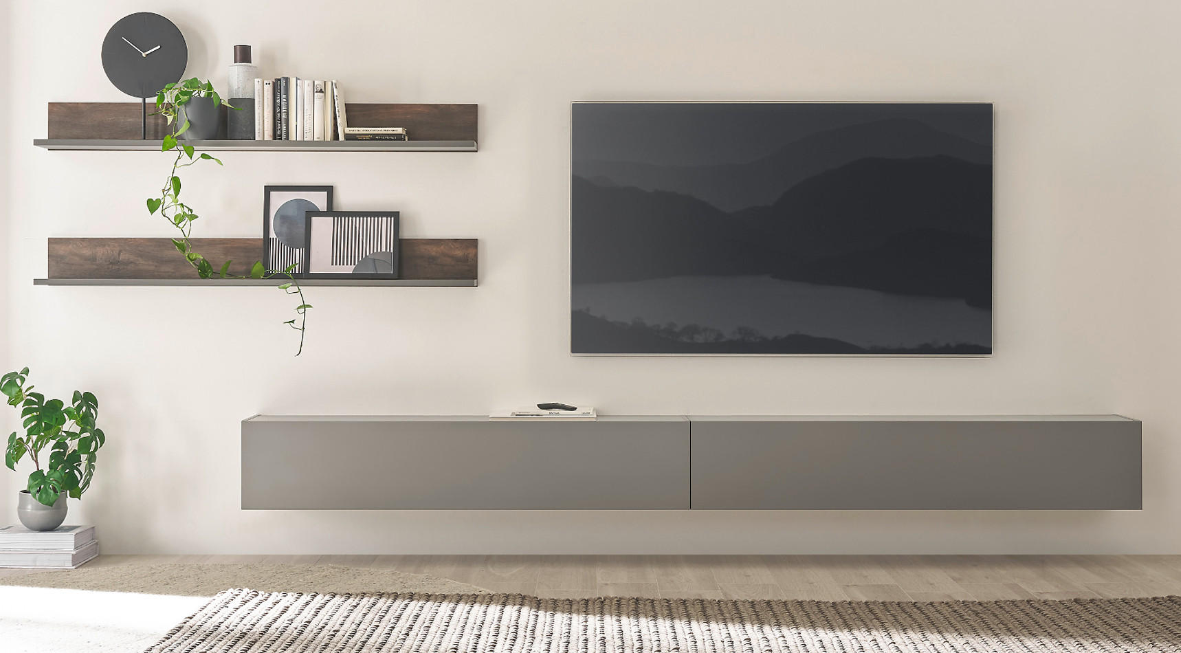 WOHNWAND Thermo Eiche, grau, Wohnkombination 4-teilig 380 x 170 cm - Eichefarben/Grau, Holzwerkstoff (380/170/30cm) - Furn.Design