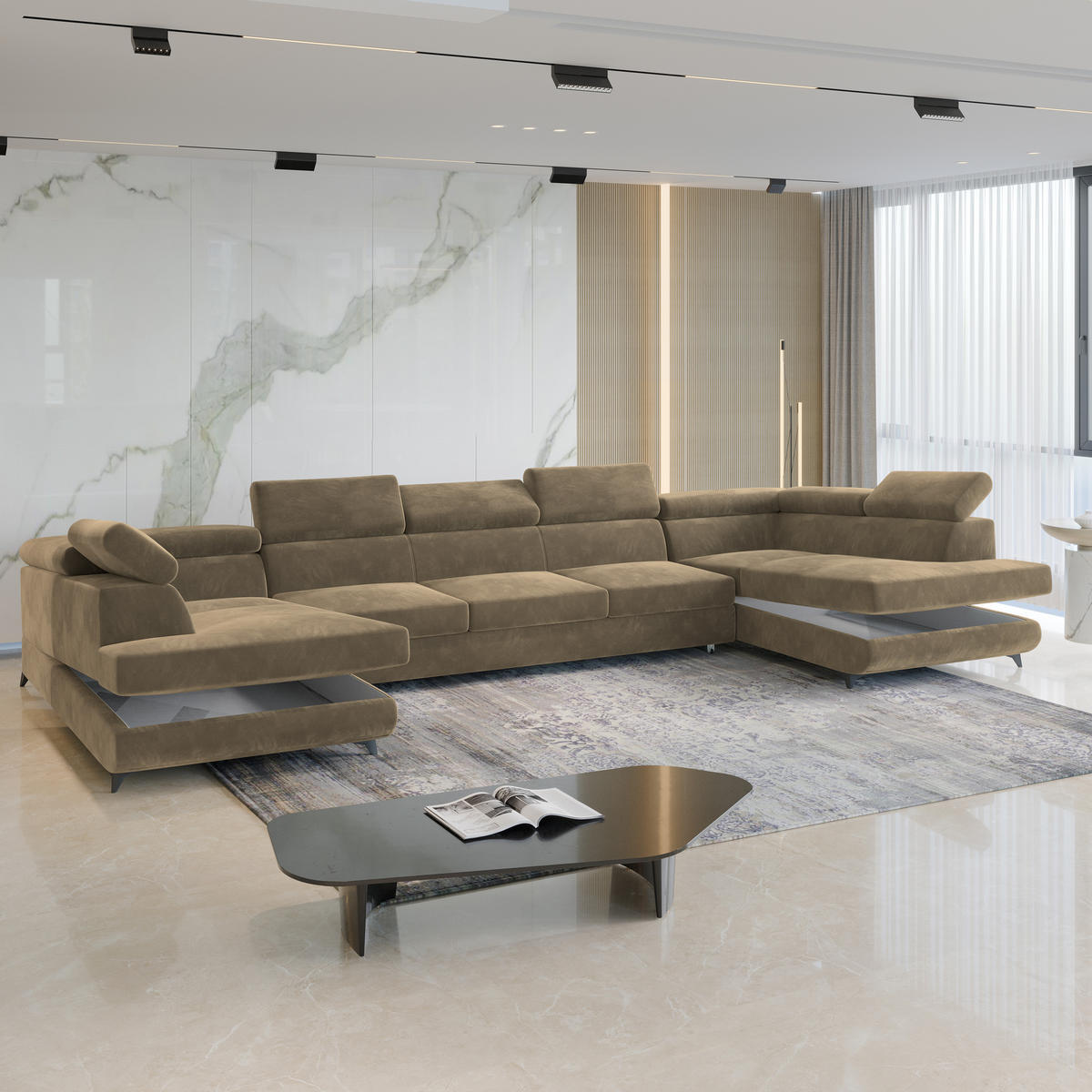 WOHNLANDSCHAFT URMANO Beige Velours-Stoff mit Schlaffunktion - Beige, Holz (395/89/190cm) - MASSENO