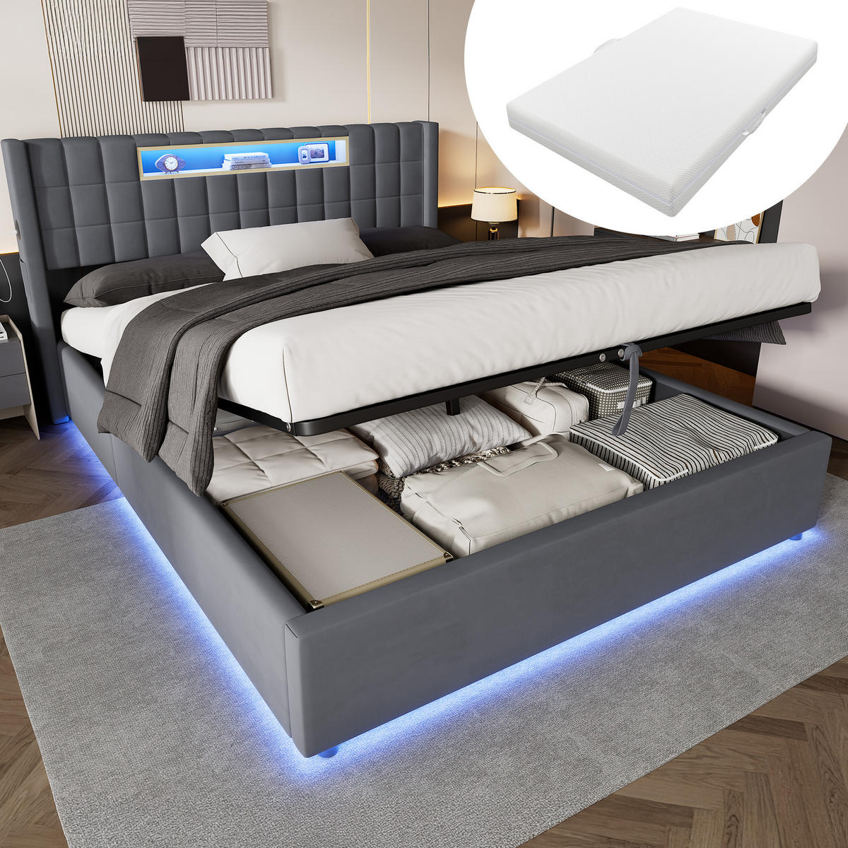 POLSTERBETT 160×200 mit Matratze, Hydraulische Bettkasten und LED Beleuchtung in Grau, Samtbezug - Grau, Holzwerkstoff/Textil (160/200cm) - STILVORA