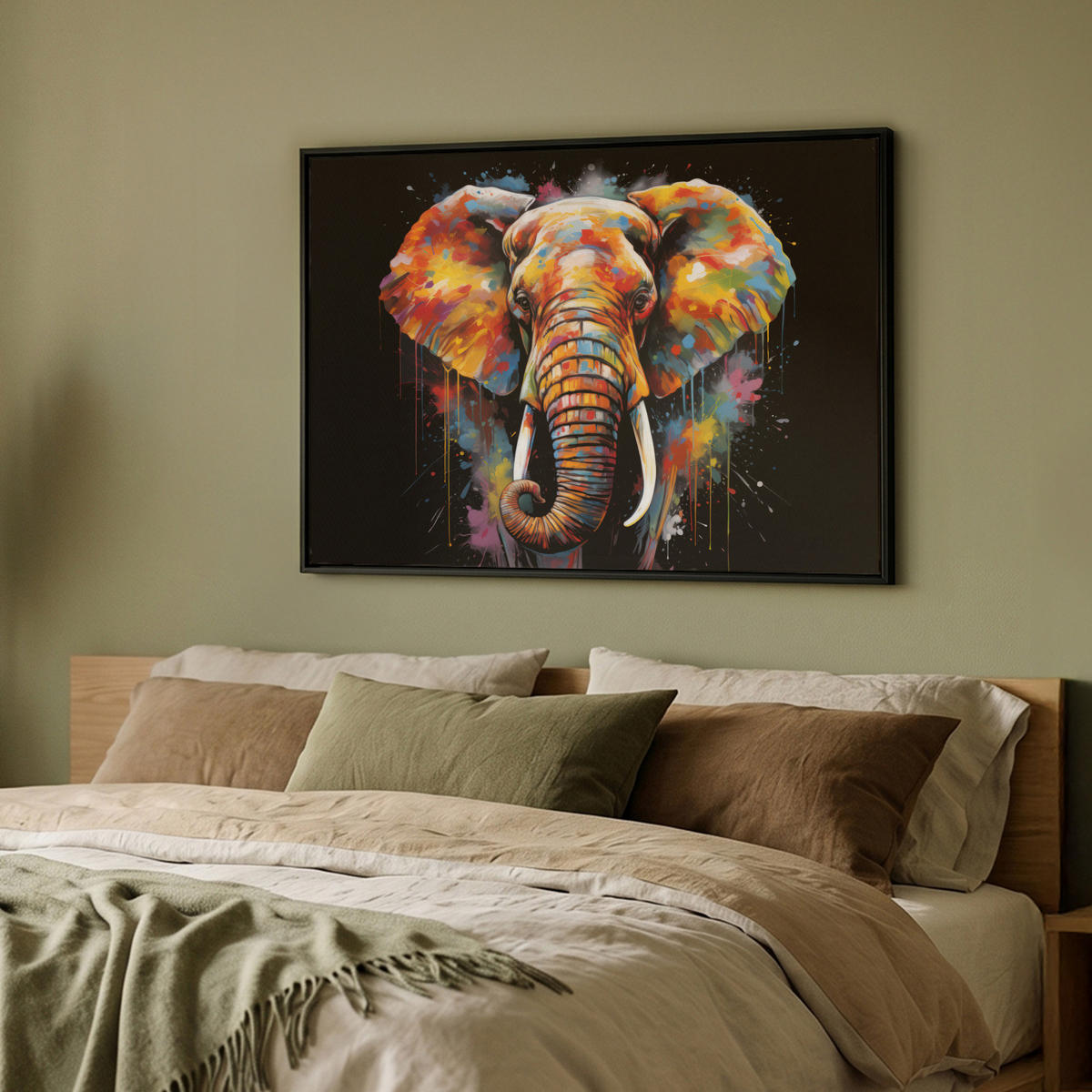 LEINWAND Bilder mit Rahmen - Elefant - Graffiti - Schwarz - Tiere - Farben - 100x70 - Schwarz, Textil (100/70cm) - MuchoWow