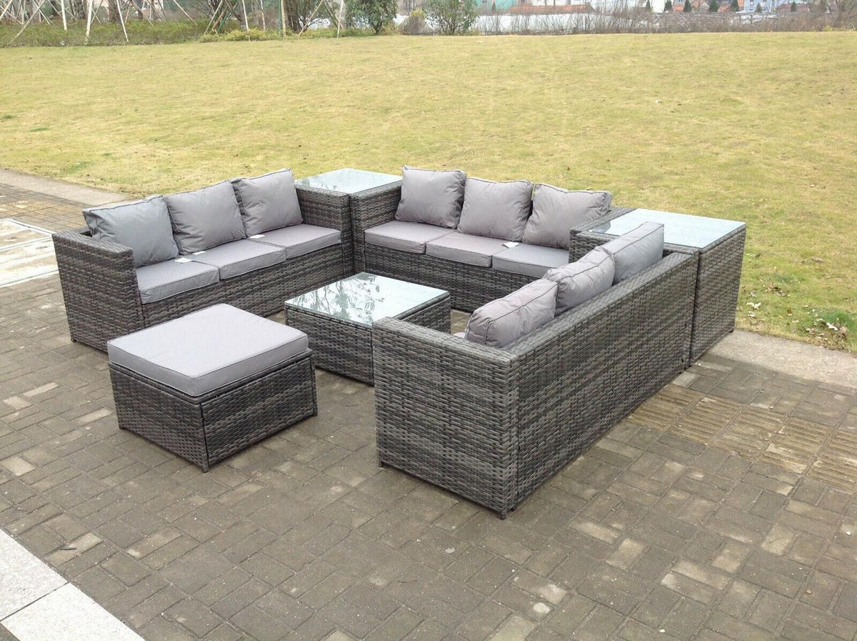 GARTENMÖBELSET mit Couchtisch Polyrattan 10-Sitzer - Dunkelgrau/Grau, Glas/Kunststoff - Fimous