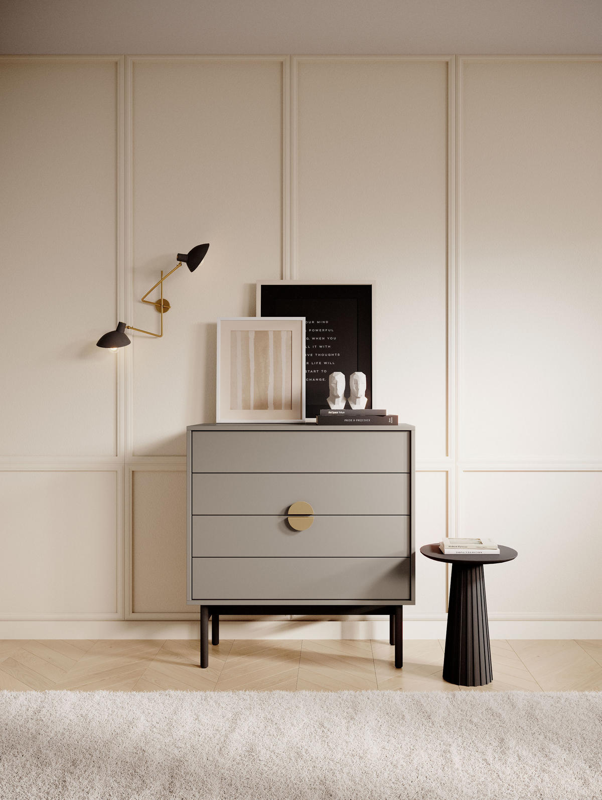 KOMMODE Stoon Steingrau 85,5 cm - Beige/Goldfarben, Holzwerkstoff/Metall (85.5/93/38cm) - Selsey