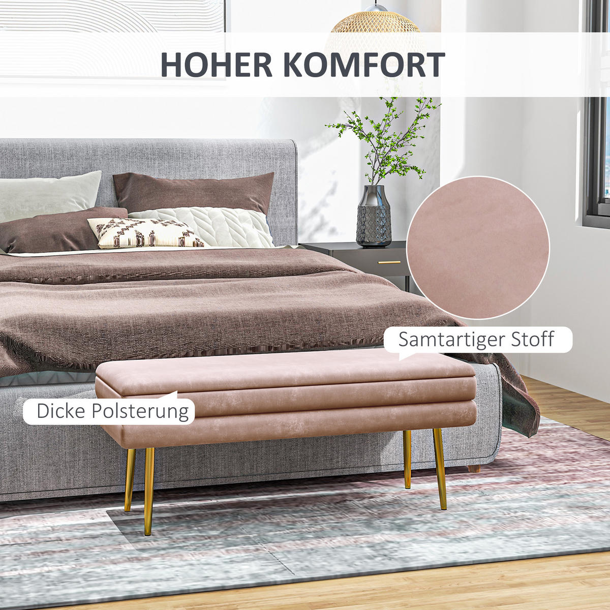 SITZBANK, Polsterbank mit Stauraum, Samtoptik, Bettbank mit Stahlbeine, Rosa - Rosa, Kunststoff (37.5/42/100cm) - HOMCOM