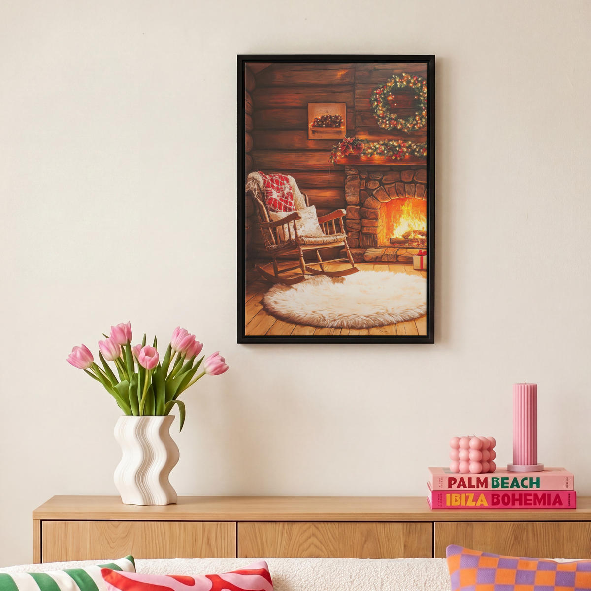 LEINWAND Bilder mit Rahmen - Winter - Weihnachten - Zuhause - Kamin - 20x30 - Bernsteinfarben, Textil (20/30cm) - MuchoWow