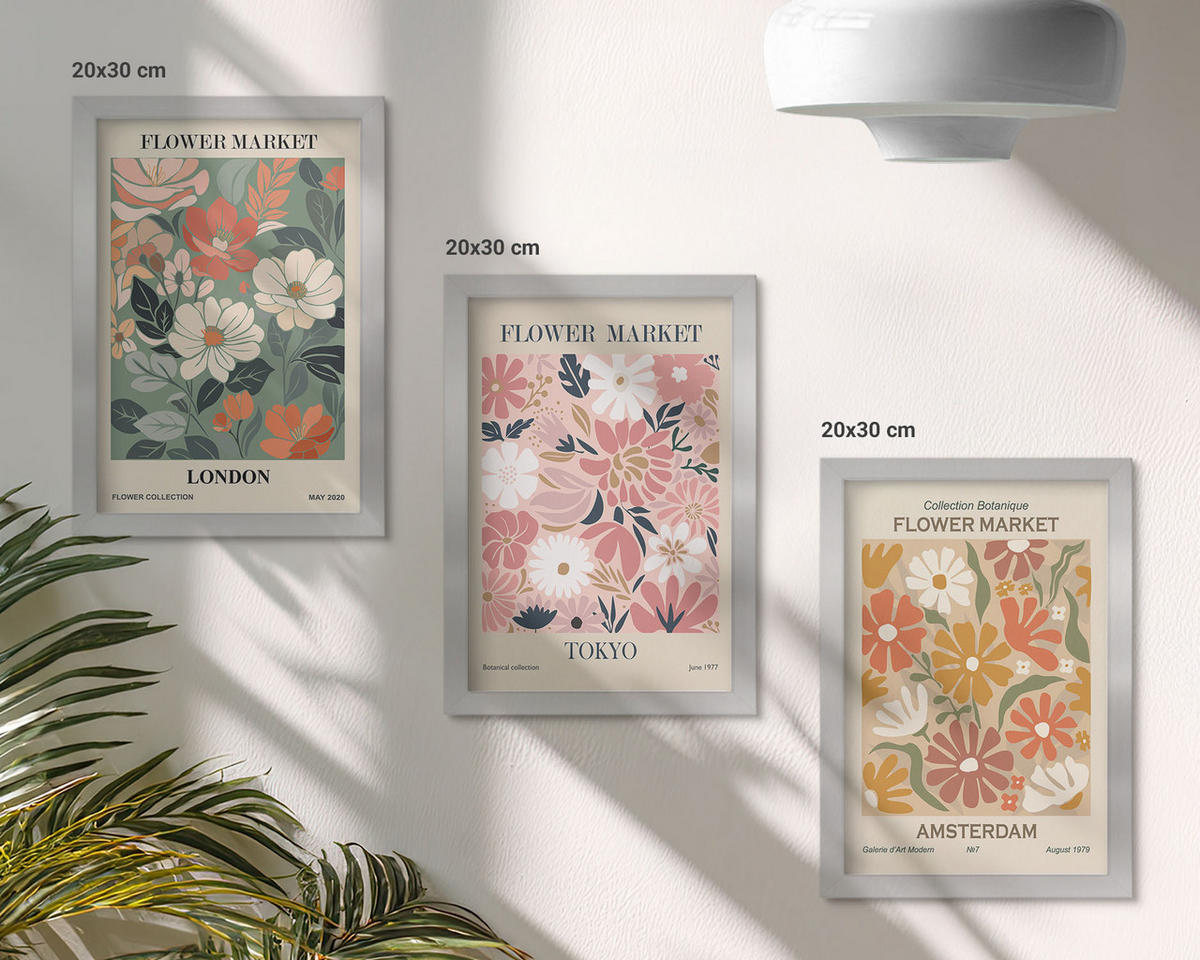 WANDBILDER 3er Set - 20x30 cm Silberner Rahmen - Blumenmuster London Tokio Amsterdam - Silberfarben, Kunststoff (20/30cm) - ArtPrintCave