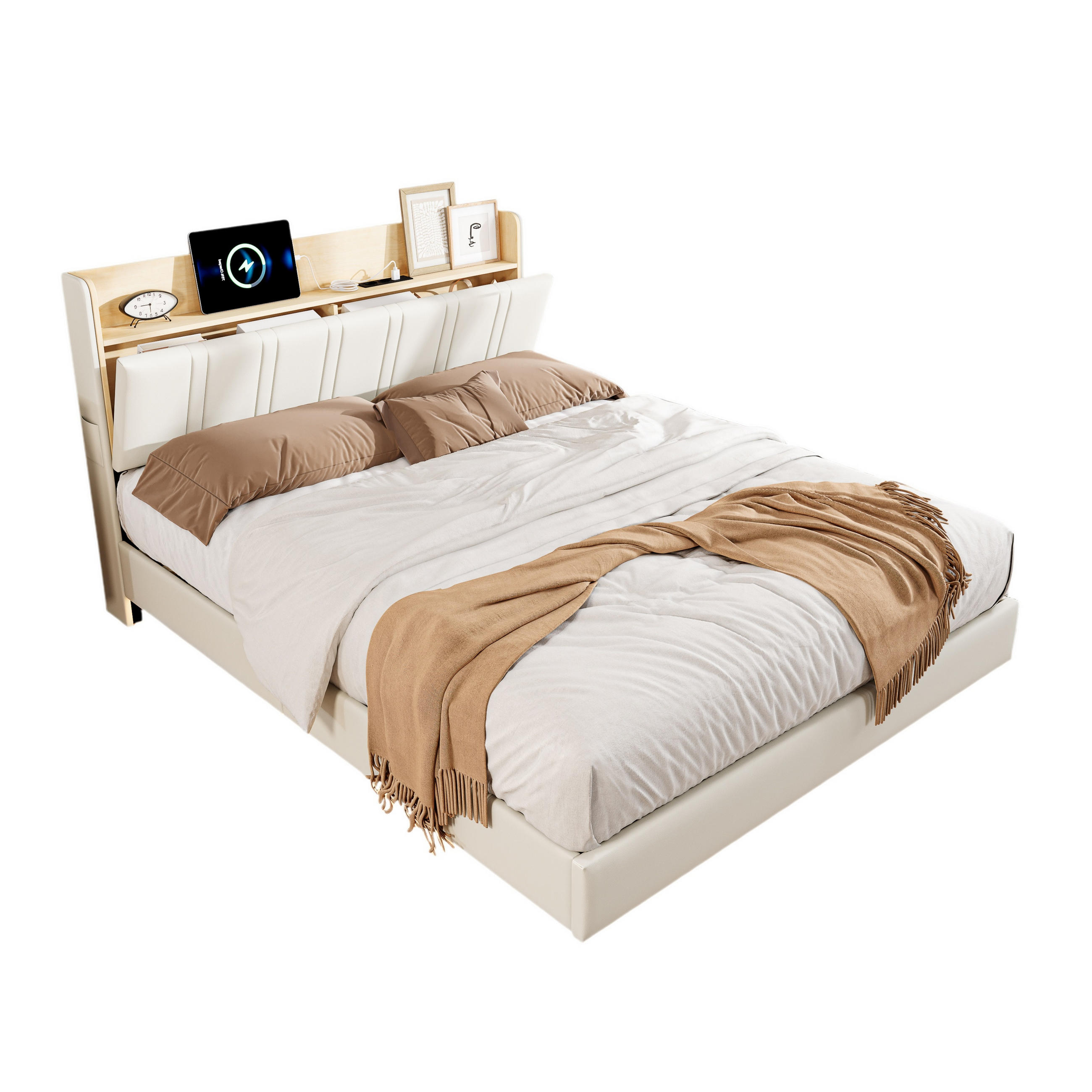 POLSTERBETT 140/200 cm, mit LED-Beleuchtung, versteckte Bettfüße, Kopfteil mit Stauraum, USB-Anschluss, Beige - Beige, Holzwerkstoff (140/200cm) - Brevoria