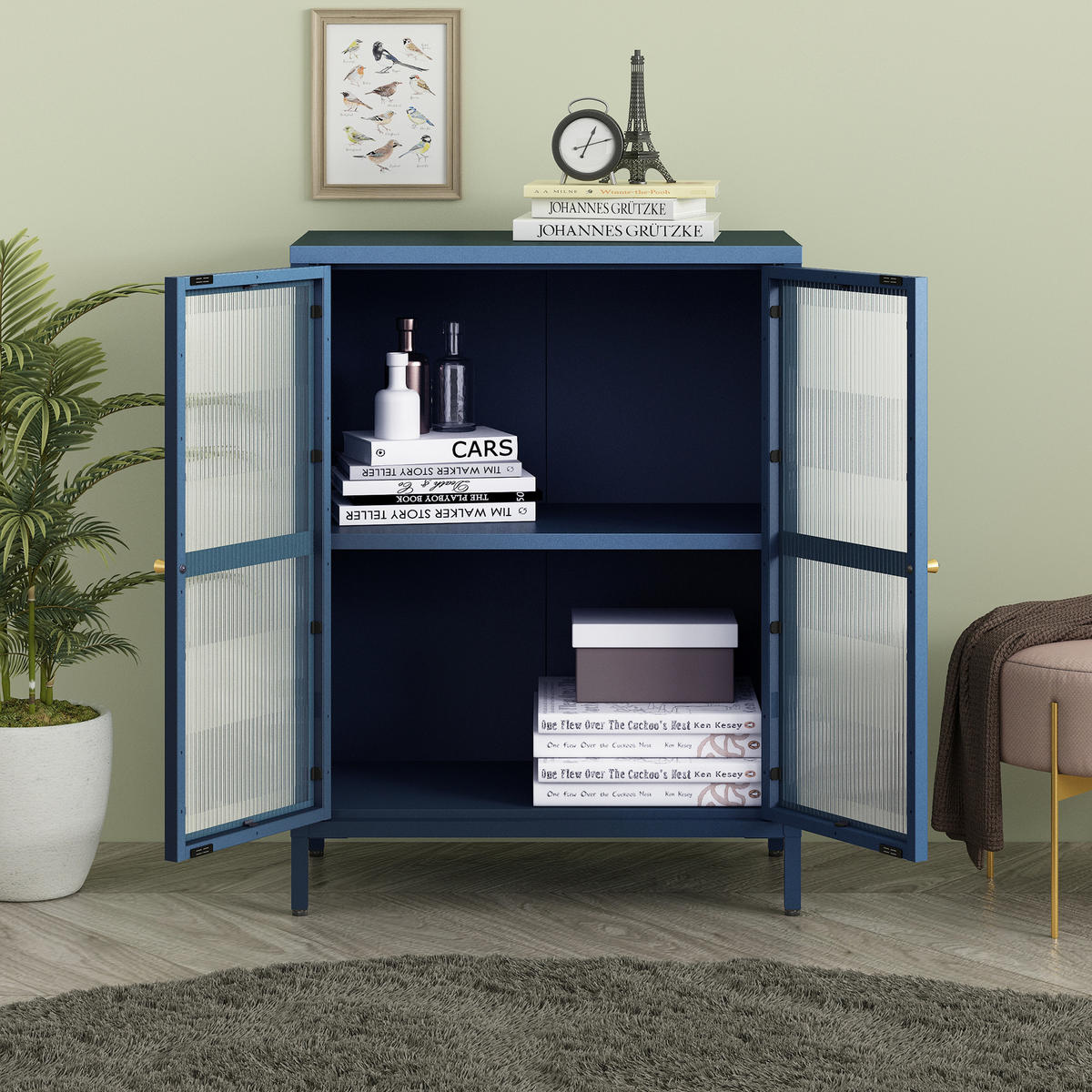 VITRINE Säkylä - Blau/Transparent, Glas/Metall (64/84/35cm) - [en.casa]