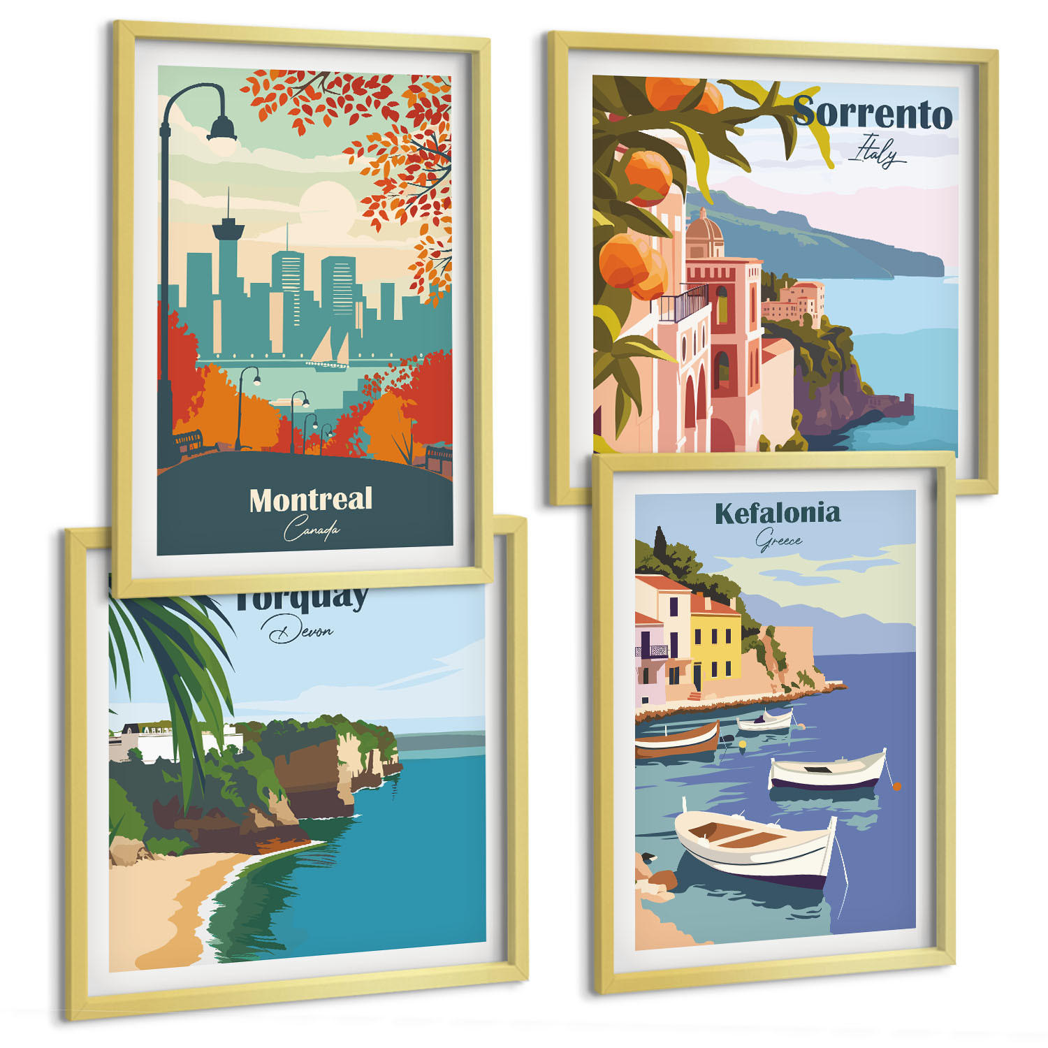 BILDER SET 4er Set - 50x50 cm & 40x60 cm Goldrahmen - Retro-Ansichten von Städten auf der ganzen Welt - Goldfarben, Kunststoff (50/50cm) - TULUP