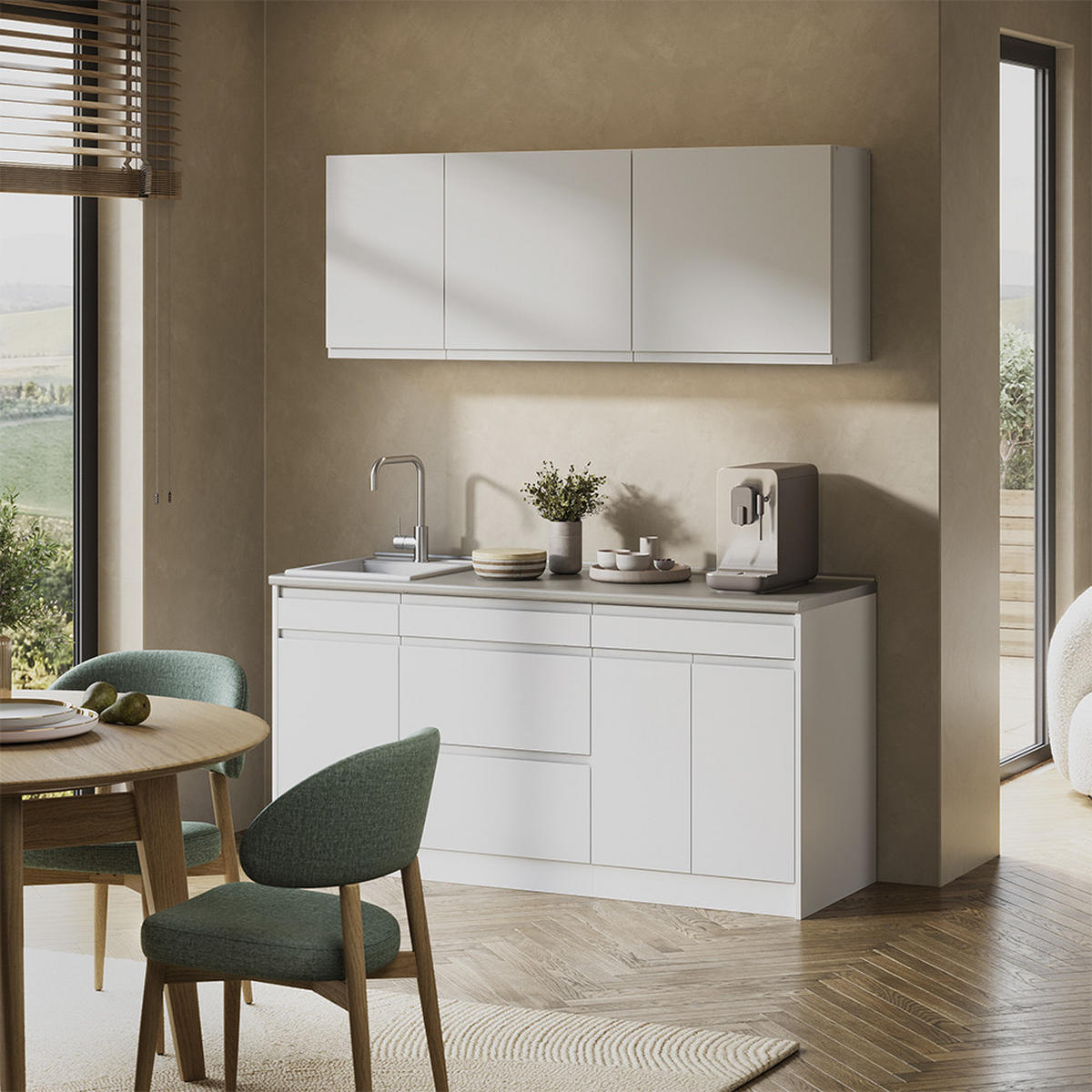 SINGLEKÜCHE R-Line, Weiß/Weiß, 160 cm Arbeitsplatte Satin - Weiß, Holzwerkstoff (160/81.6/60cm) - Vicco