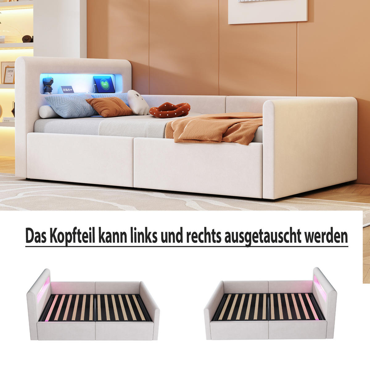 POLSTERBETT 90/200 cm Beige aus Samtstoff mit Stauraum - Beige, Textil (90/200cm) - OKMYHOME
