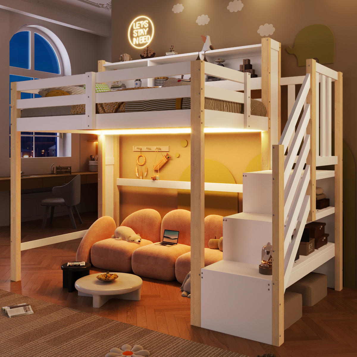 HOCHBETT 90/200 cm Weiß Natur mit LED, Stauraum ohne Matratze - Weiß, Holz (90/200cm) - MIVRAY