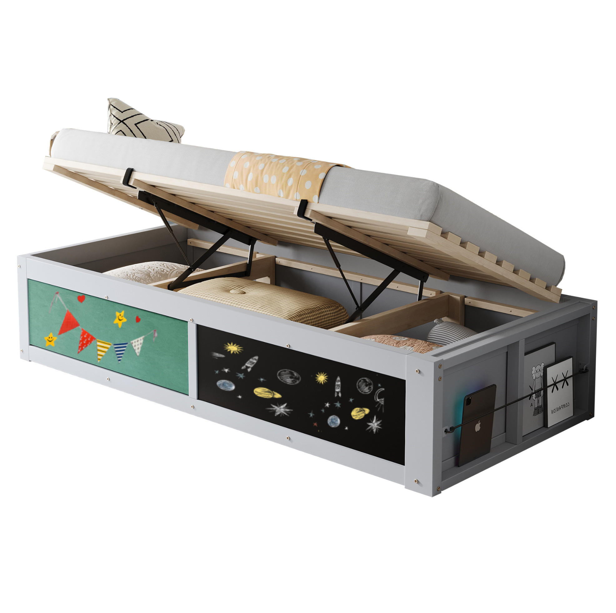KINDERBETT 90/200 cm aus Holz mit hydraulischem Stauraum und Kreide-/Filztafel Grau - Grau, Holzwerkstoff (90/200cm) - Modenvie