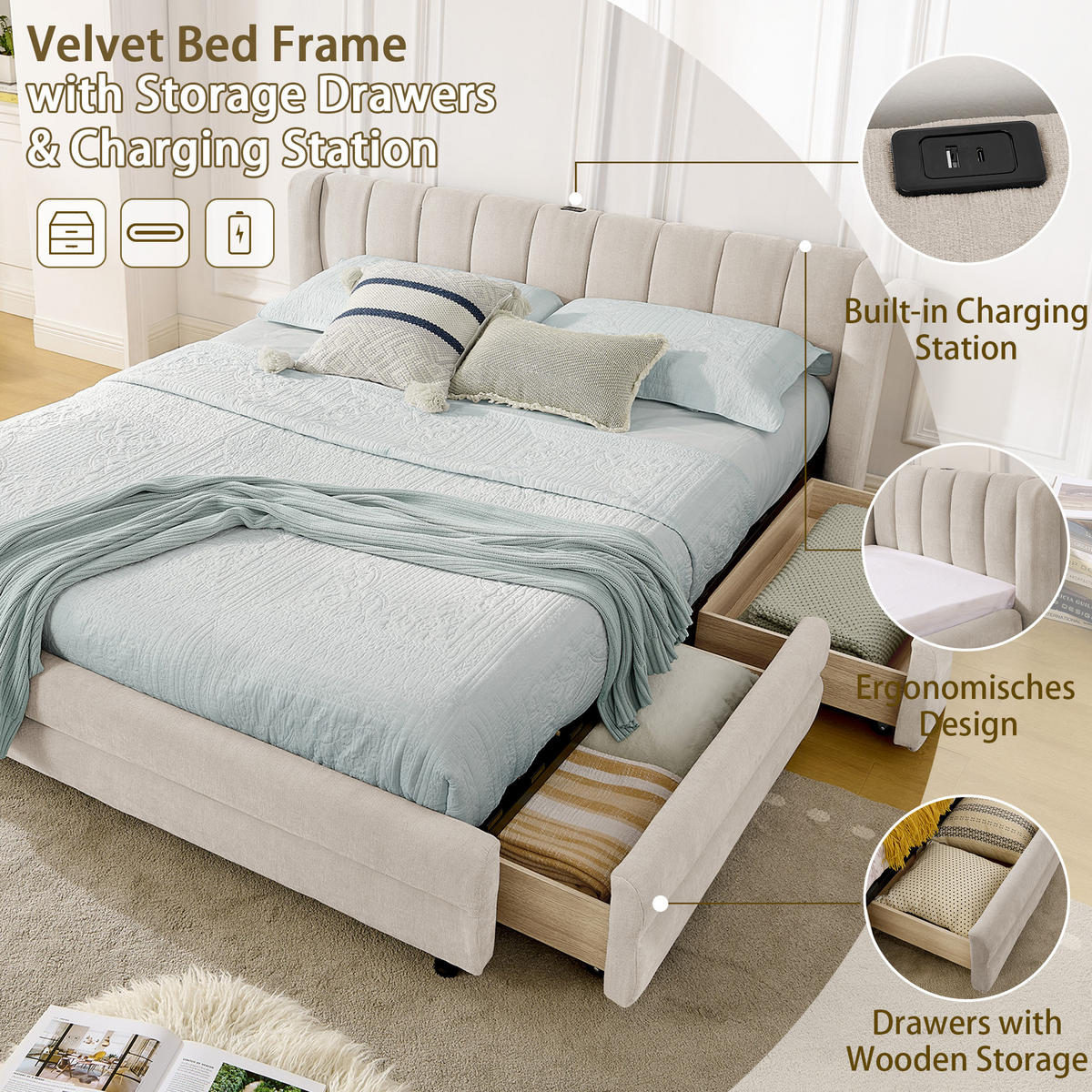 POLSTERBETT 140/200 cm DE-03800, mit 4 Schubladen und Chenille-Bezug, in Beige - Beige, Metall (140/200cm) - ComfortXL