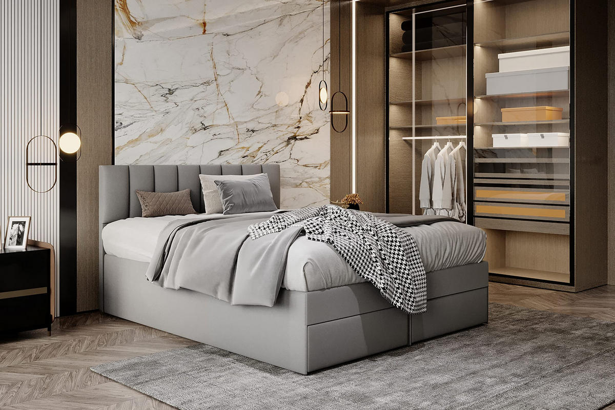 KONTINENTALBETT 100x200 cm mit Schubladen und Taschenmatratze, MIAMI, Visco Topper 5 cm, Grau - Grau, Holzwerkstoff/Kunststoff (100/200cm) - Trada