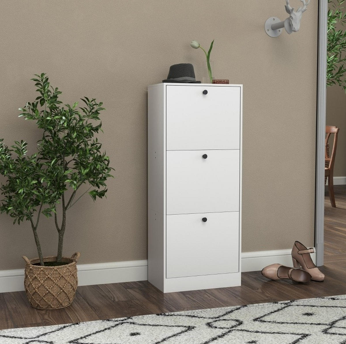 SCHUHSCHRANK 47/115/28 cm Weiß aus Holz mit 3 Klappen - Weiß, Holzwerkstoff (47/115/28cm) - OKMYHOME