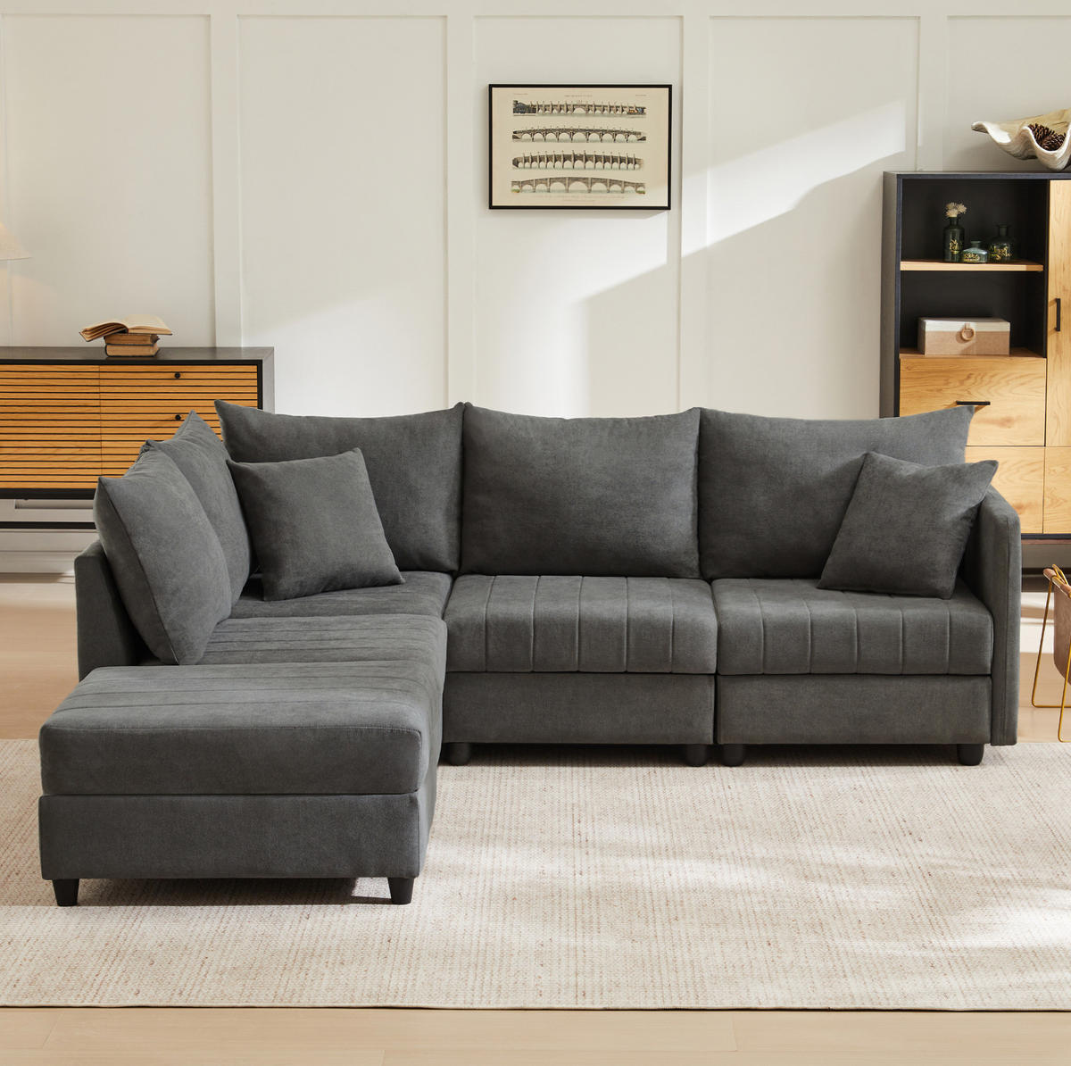 ECKSOFA 220/194/85 cm grau aus Baumwoll-Leinenstoff mit beweglichem Hocker - Grau, Textil (194/220cm) - OKWISH