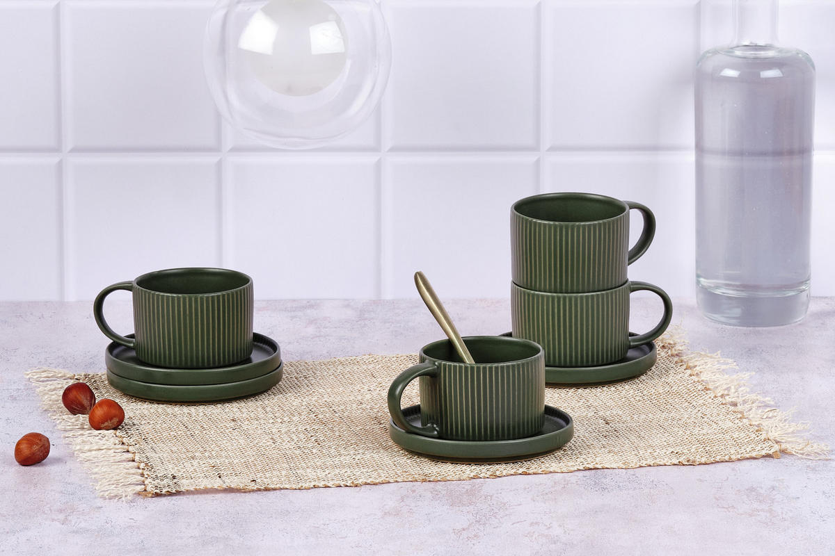 TASSEN Scandi 150ml und Untertasse Ø12cm - 8 Teile - Olive - Grün, Keramik (12/6.5/12cm) - Björn