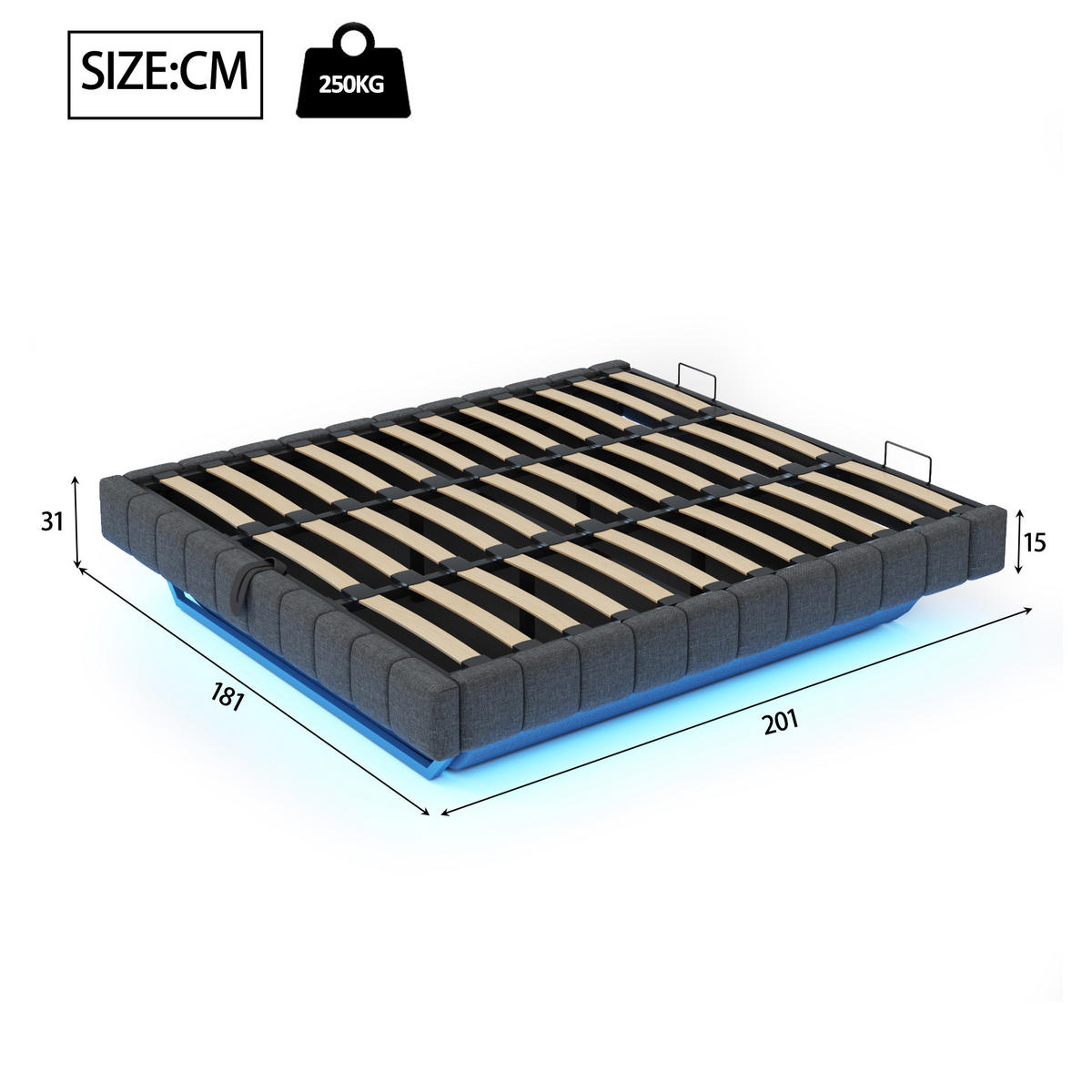 POLSTERBETT 180/200 cm Grau mit Stauraum und LED-Beleuchtung aus Leinen - Grau, Textil (180/200cm) - OKWISH