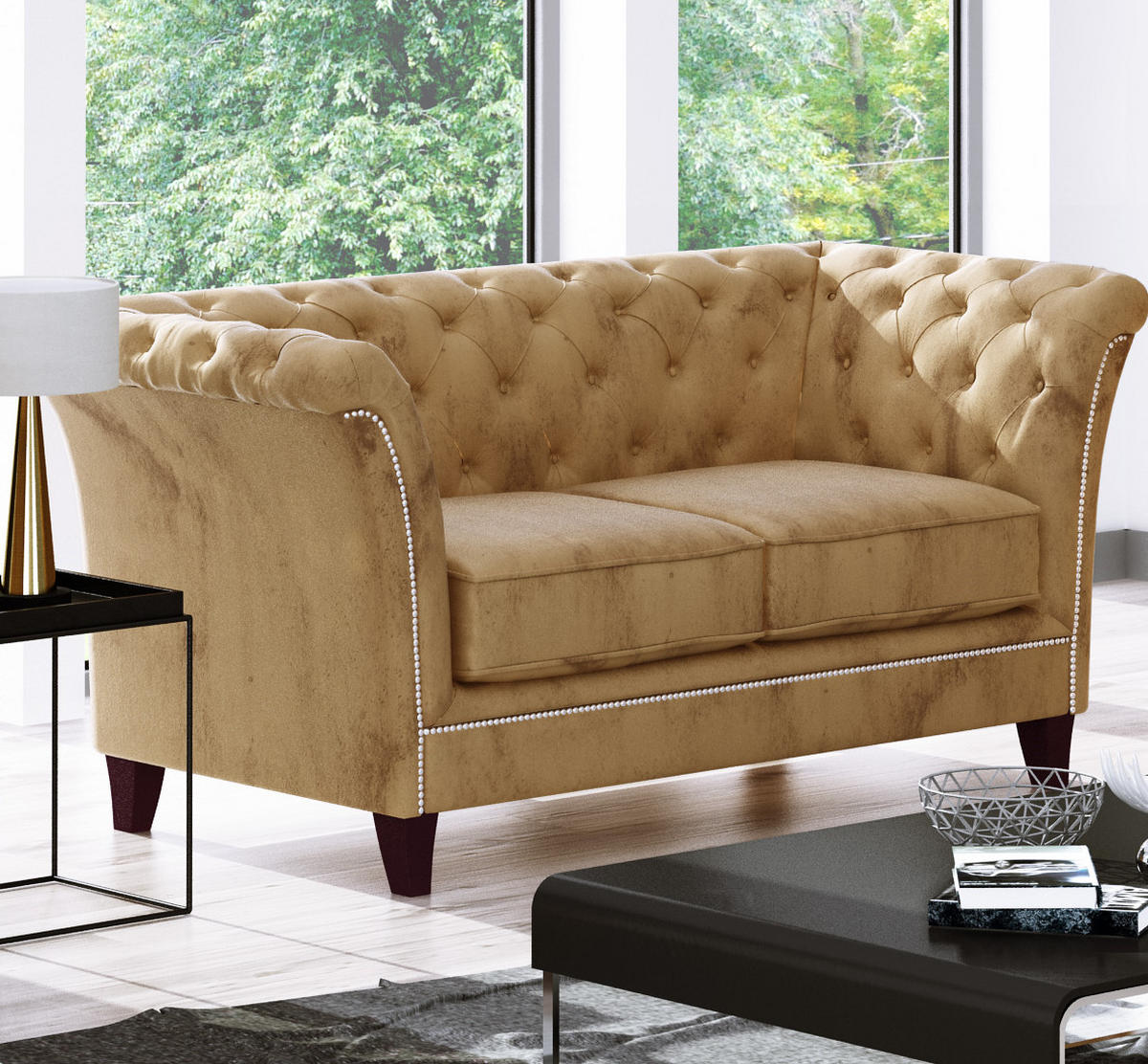 SITZGARNITUR 3+2+1 Chesterfield Fusion Beige Samt - Beige/Braun, Holz/Textil (237/75/82cm) - S-Style Möbel