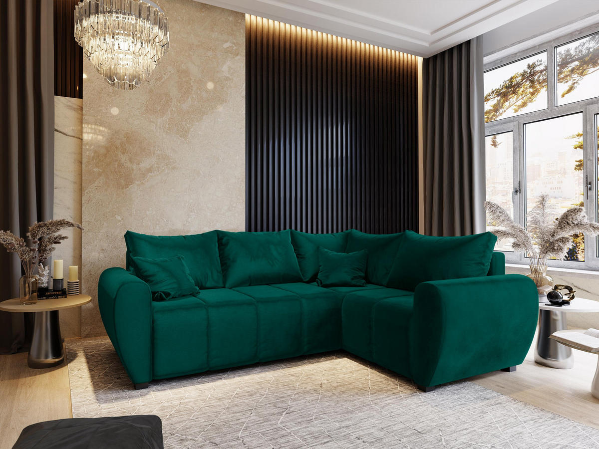 ECKSOFA MADISON L R-S Grün Plüsch-Stoff mit Schlaffunktion - Grün, Holz (235/175cm) - MASSENO