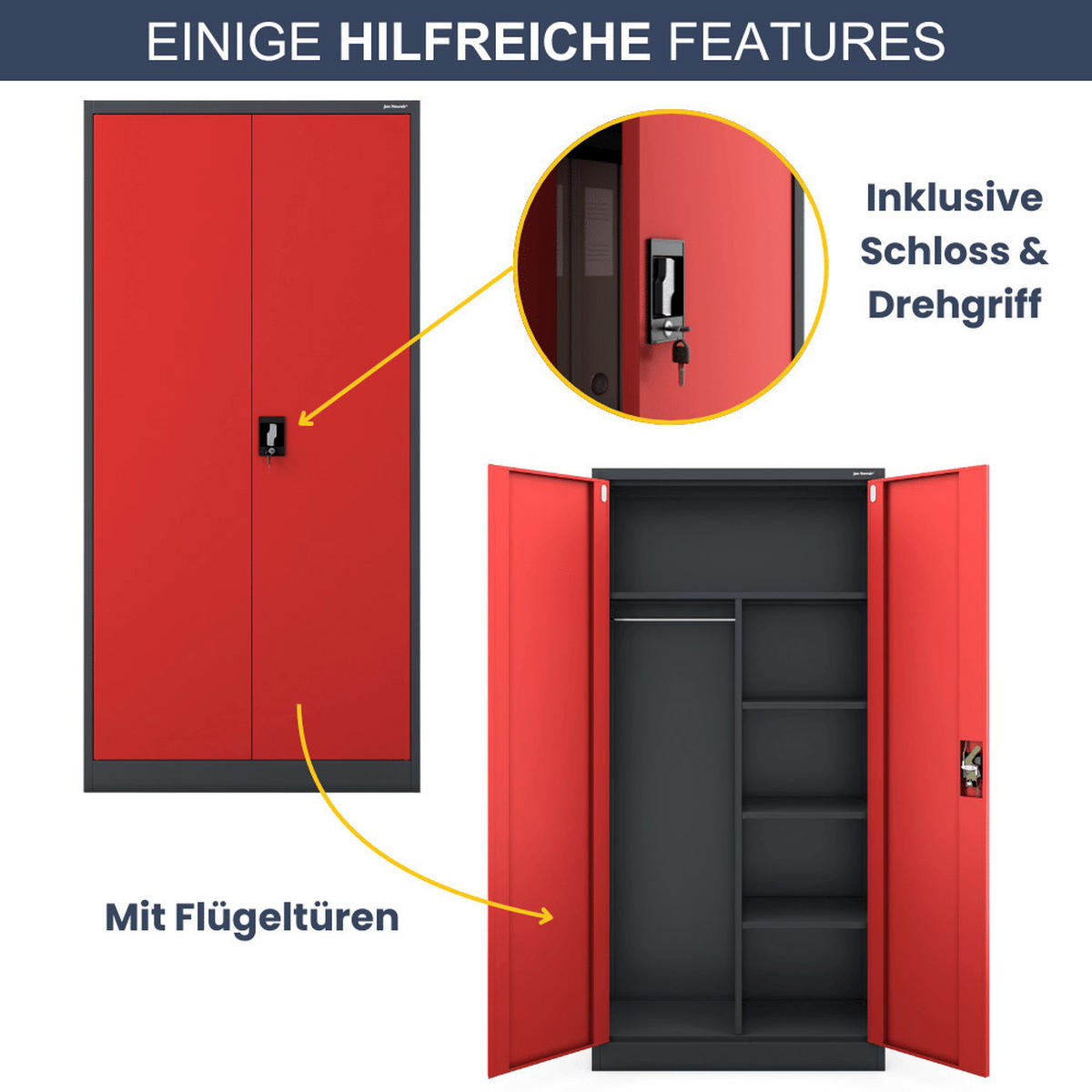 MEHRZWECKSCHRANK Metall abschließbar REKL 185x90x45cm Anthrazit-Rot - Anthrazit, Metall (90/185/45cm) - DELUKE