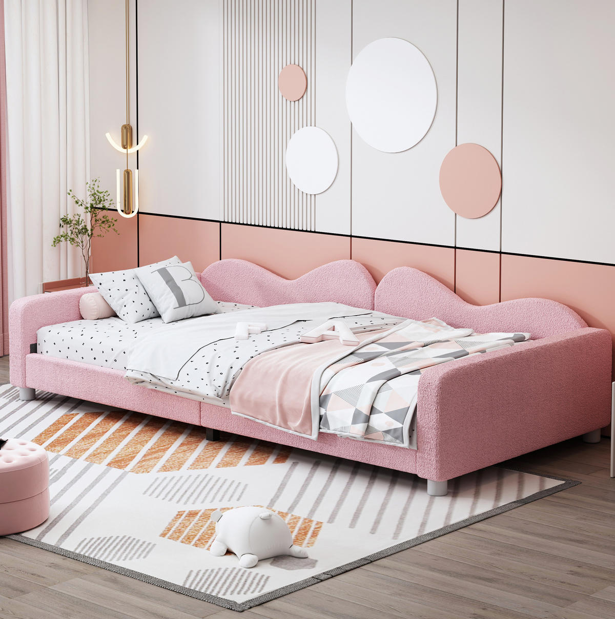 KINDERBETT 90/200 cm als Schlafsofa mit Rückenlehne, Armlehnen und Teddystoff, Rosa - Rosa, Textil (90/200cm) - Redom