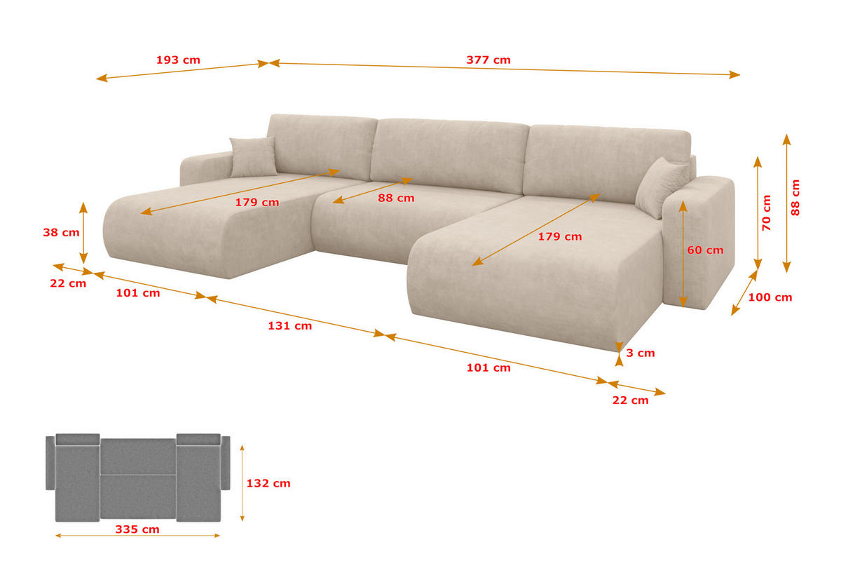 SEDACÍ SOUPRAVA DO U s funkcí spaní a úložným prostorem BERY-U 377x193x88 béžová velur - černá/Sahara, kompozitní dřevo/textil (377/88/193cm) - ALTDECOR