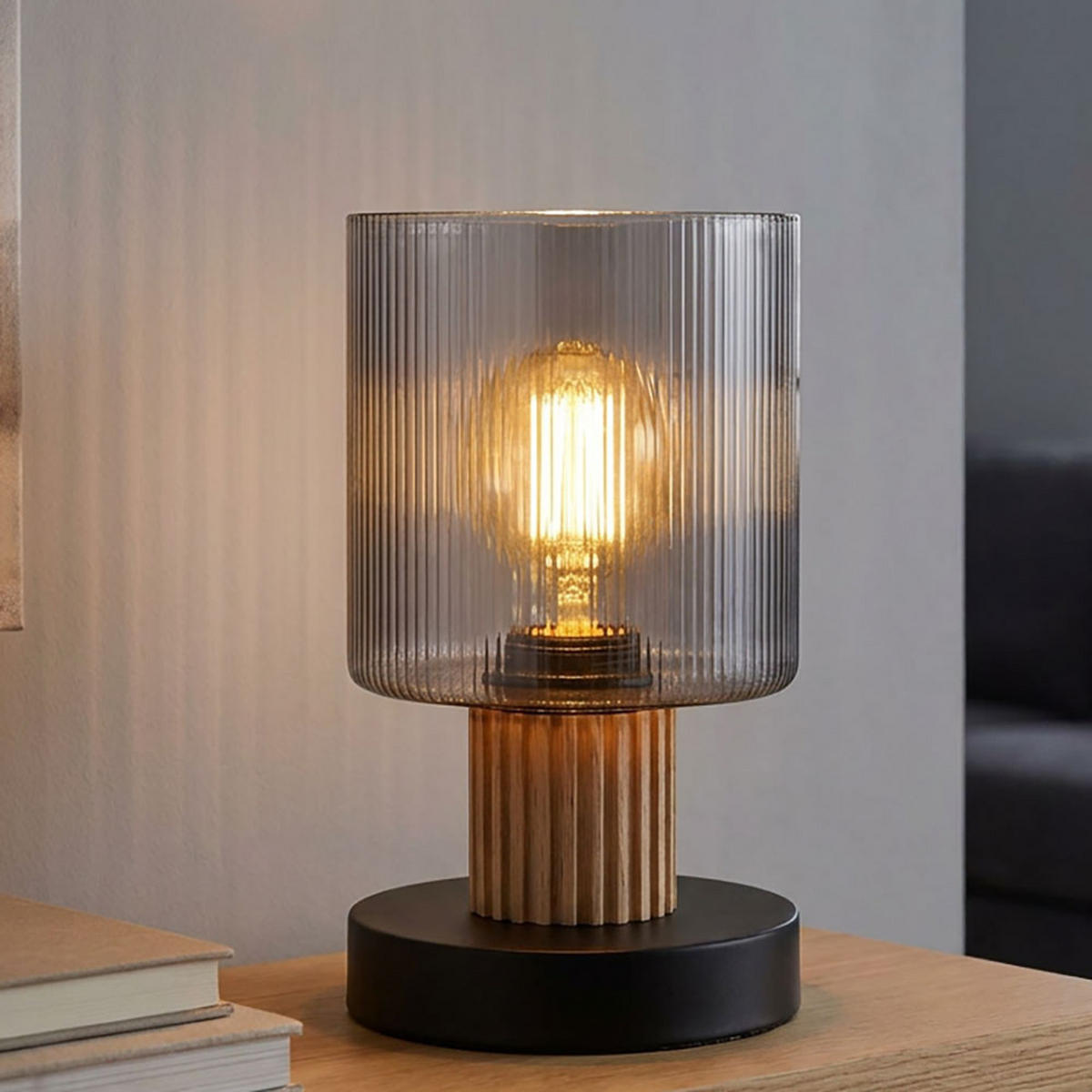 LED TISCHLEUCHTE Holz, Glas rauchfarben, Schwarz - Schwarz, Holz (12/12/21cm) - Globo Lighting