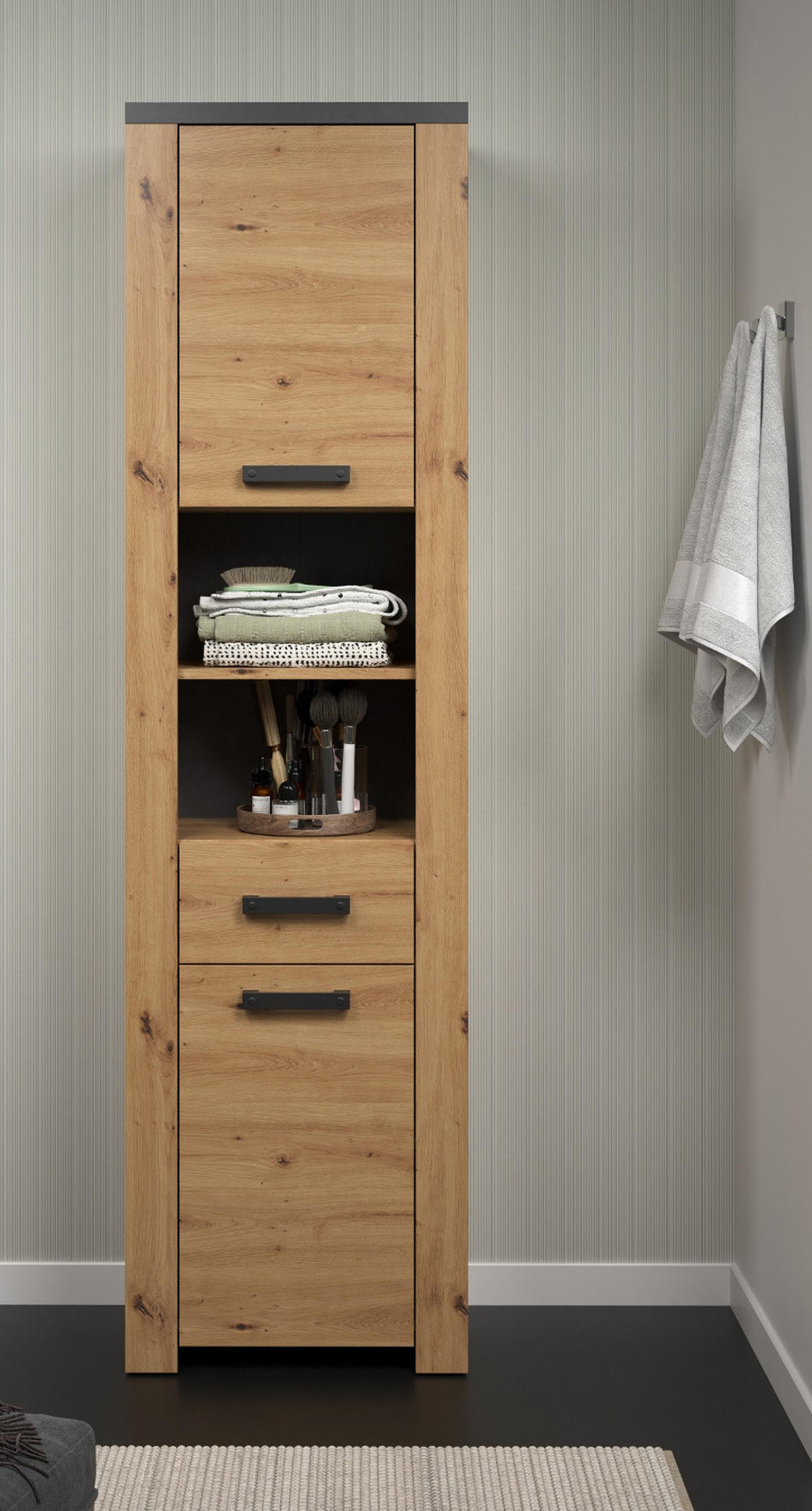 HOCHSCHRANK Eiche Artisan, grau 53 x 196 cm, Badschrank Türanschlag wechselbar - Eichefarben/Schwarz, Holzwerkstoff/Kunststoff (53/196/35cm) - Top.Furn