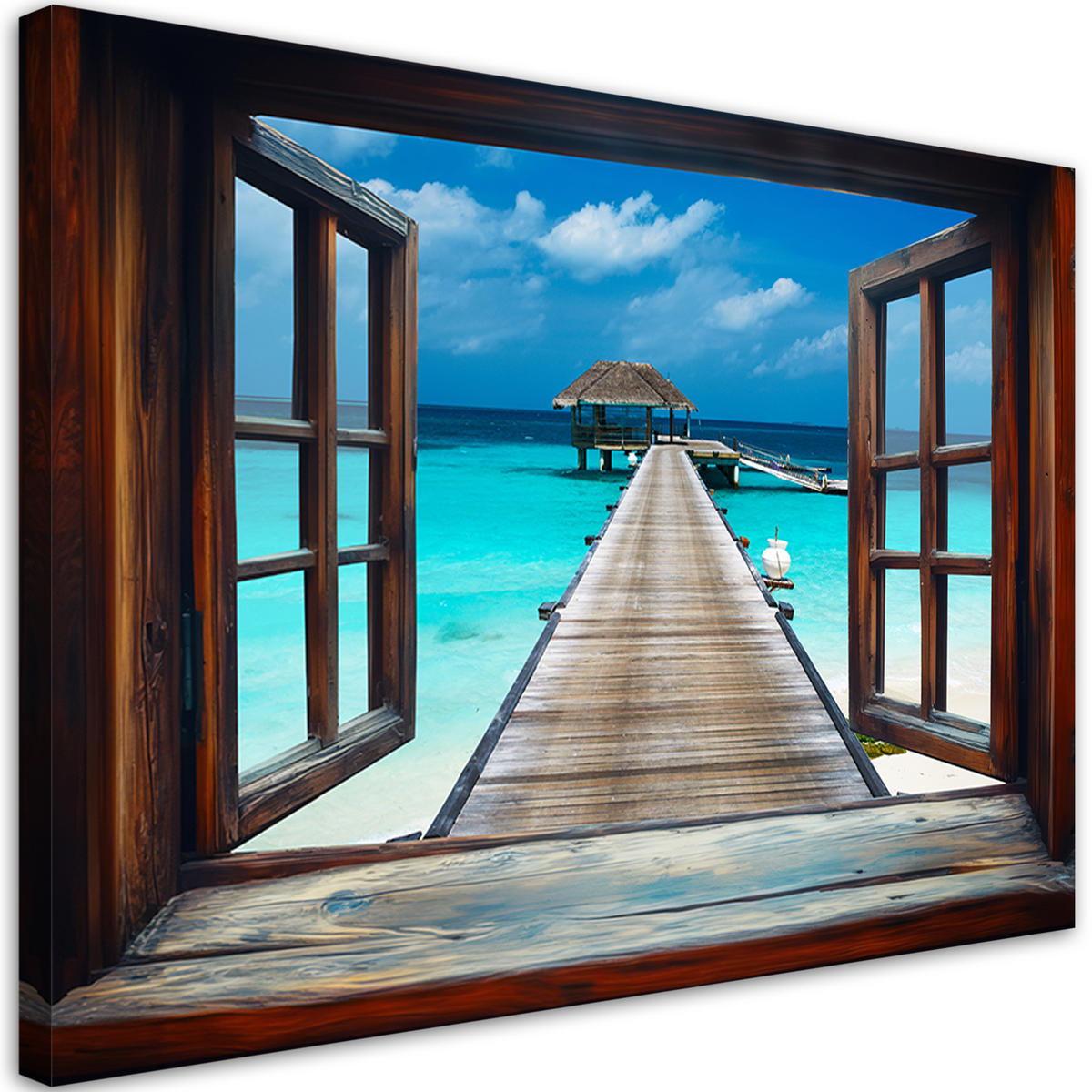 WANDBILD blick aus einem fenster meer tropischer pier - Braun, Textil (60/40cm) - Feeby