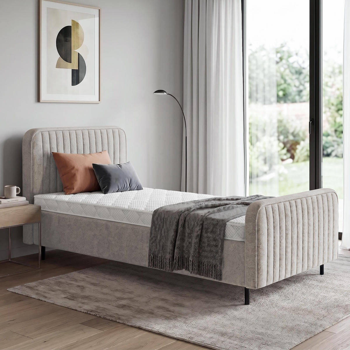 ČALOUNĚNÁ POSTEL Lami 90x200, jednolůžko s úložným prostorem, bez matrace, tmavě béžová - černá/písková barva, kov/textil (90/200cm) - Beautysofa
